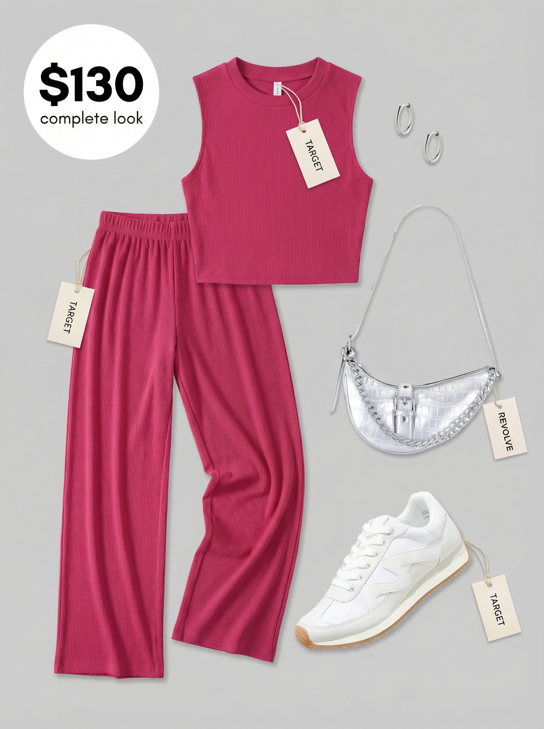 Talent Show Summer Camp Outfit 2024 Energetic hot pink ribbed knit crop top and wide-leg pants set, white sneakers, and silver mini bag, a standout summer camp outfit.