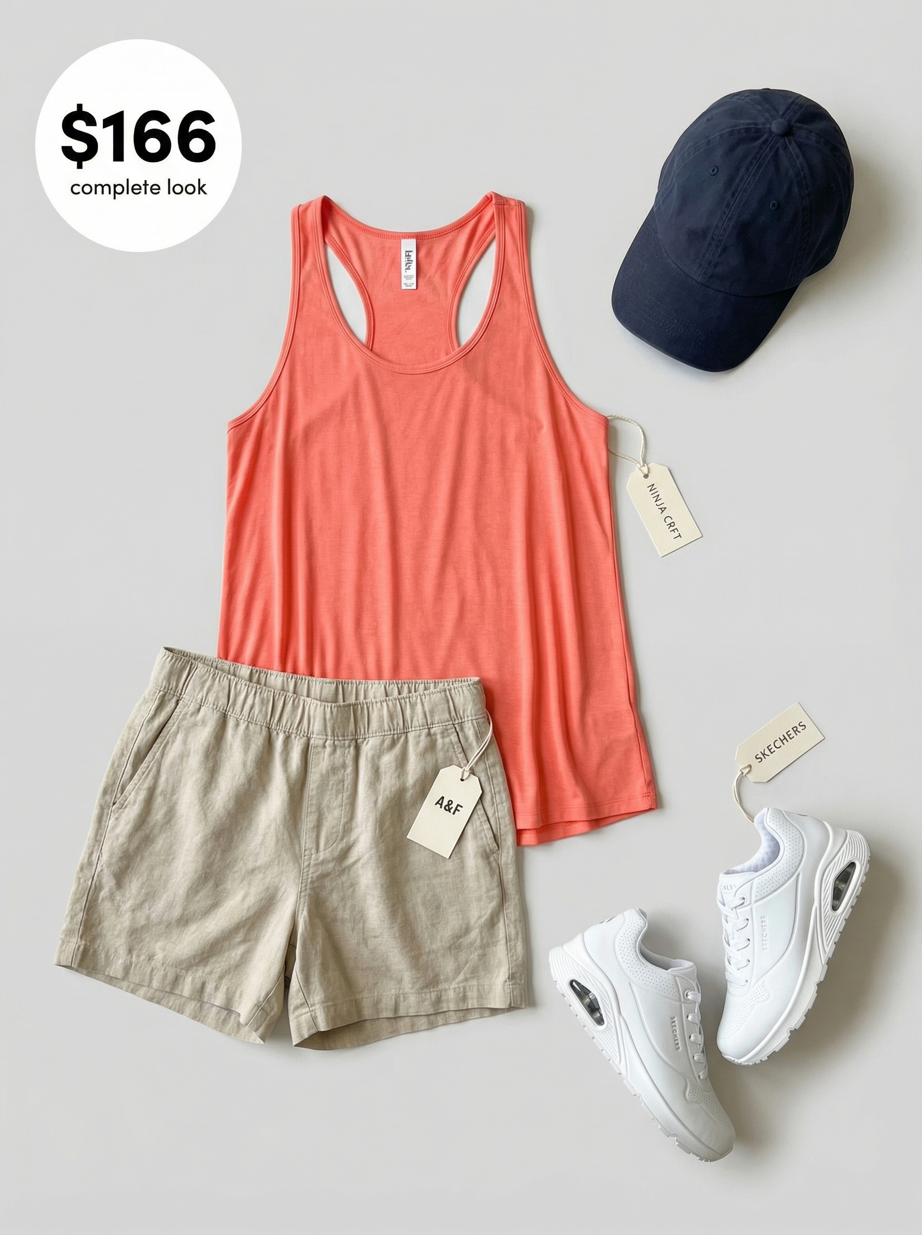 Sunny Day Explorer Summer Camp Outfits 2024 Energetic coral racerback tank top, khaki linen drawstring shorts, navy baseball cap, and white athletic sneakers, ideal summer camp outfits for a sunny outdoor day.