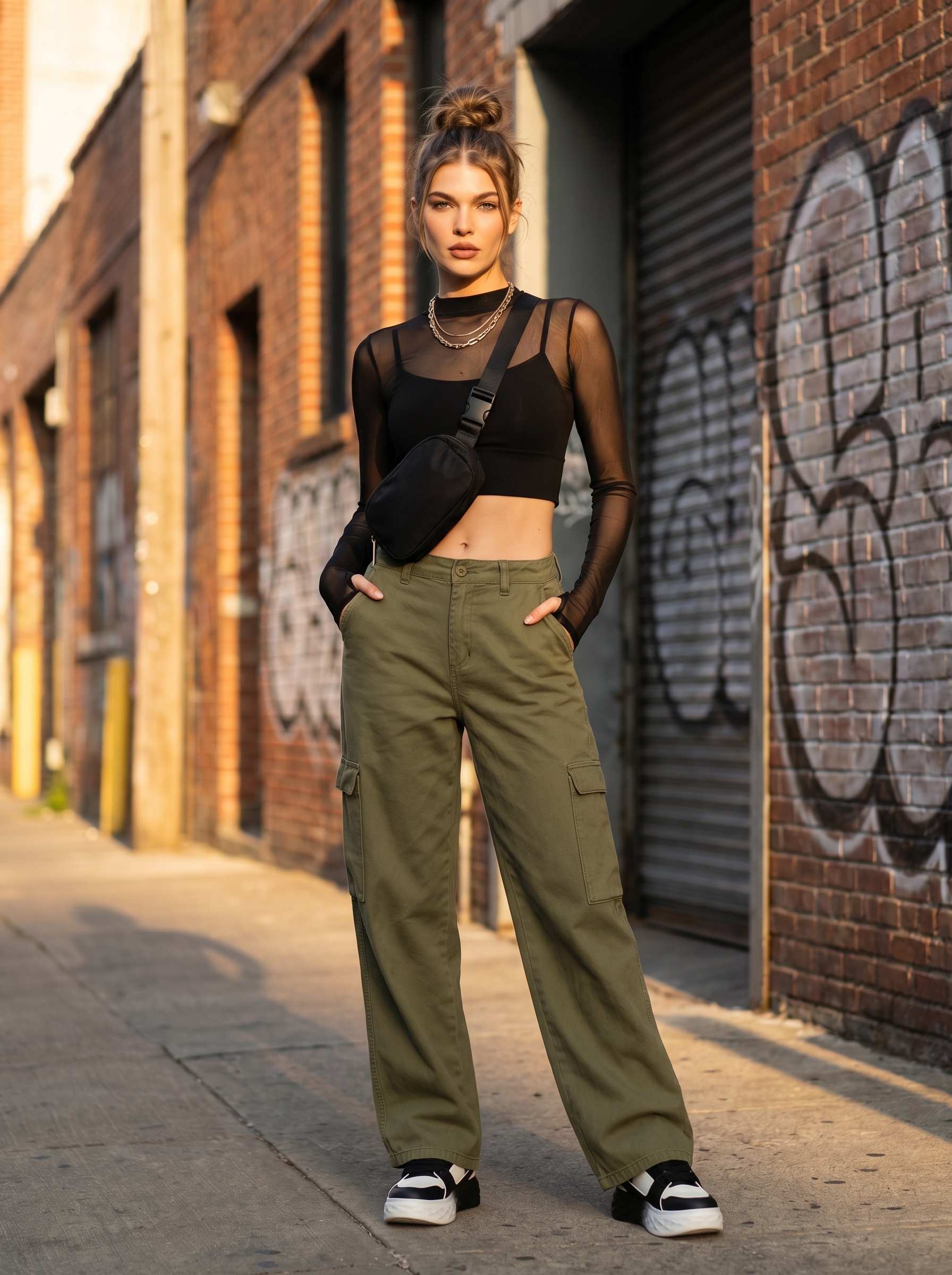 Edgy khaki green baggy cargo pants and a black mesh crop top styled with chunky platform sneakers, a belt bag, and silver necklace for a confident summer club outfit.