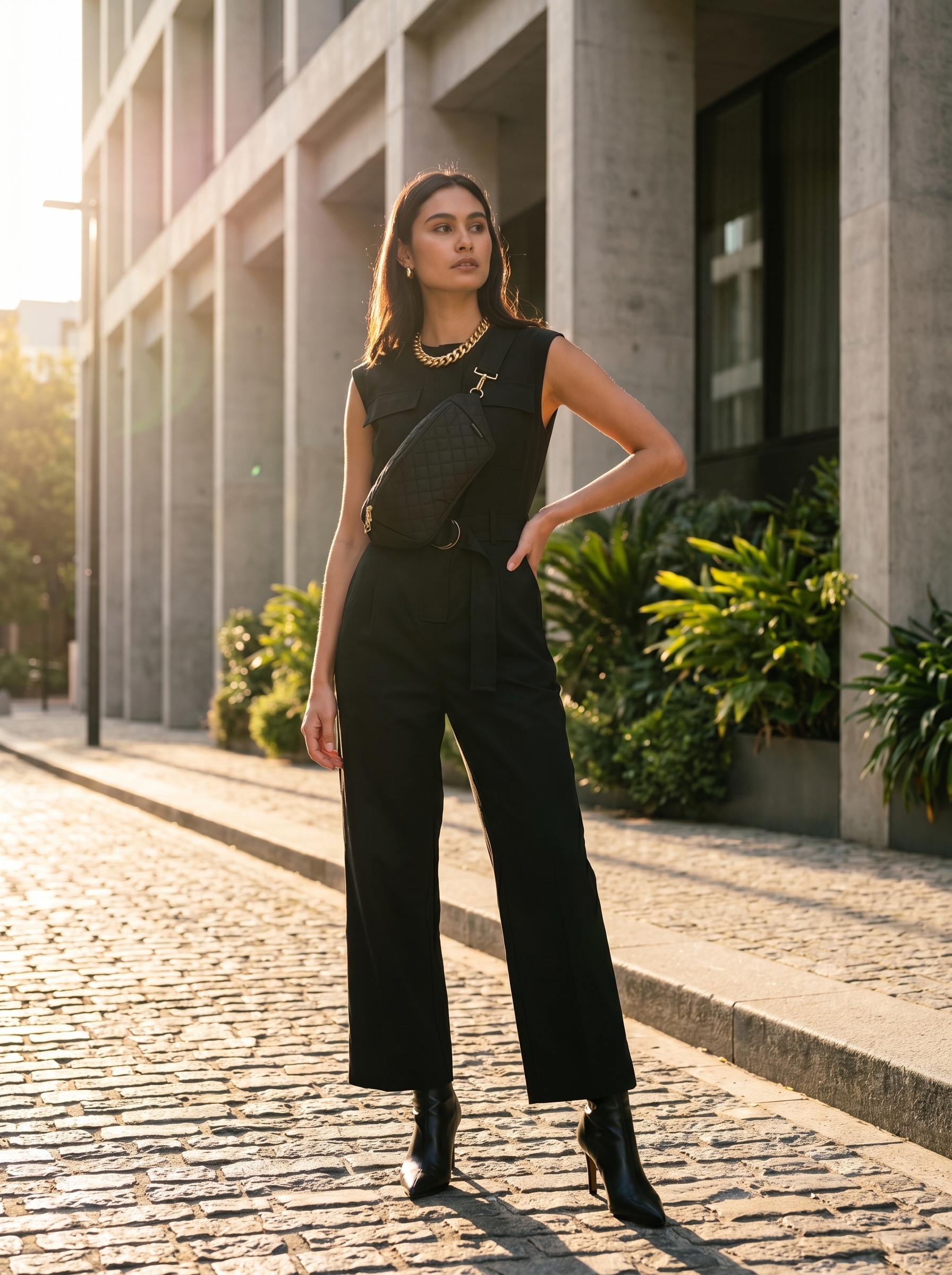 Edgy black utility jumpsuit styled for a summer club outfit with pointed-toe ankle boots, a quilted belt bag, chunky gold necklace, and bold red lipstick.