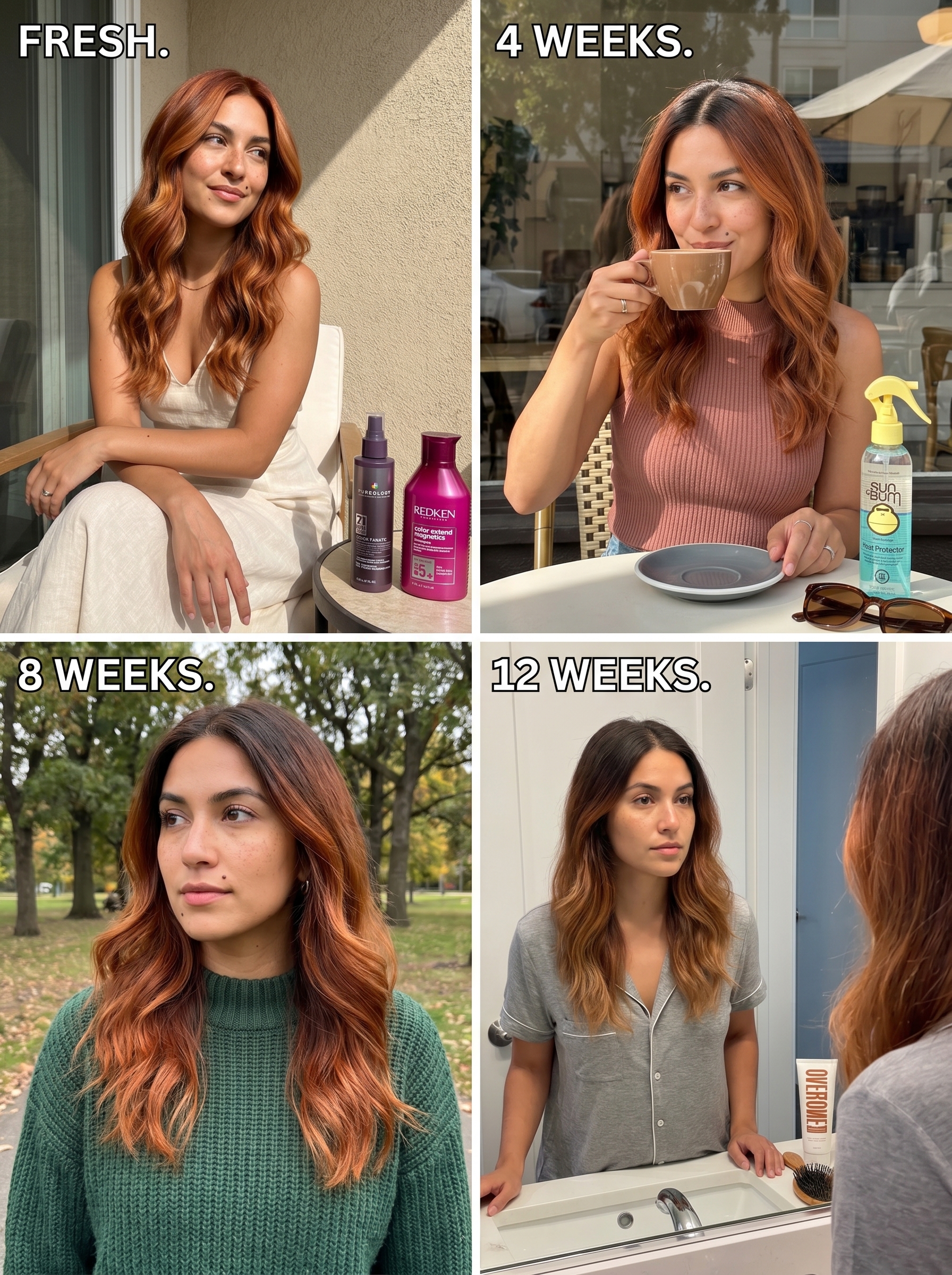 Rich coppery caramel swirl hair showing dimensional deep copper, caramel, and golden copper tones for a chic everyday style.