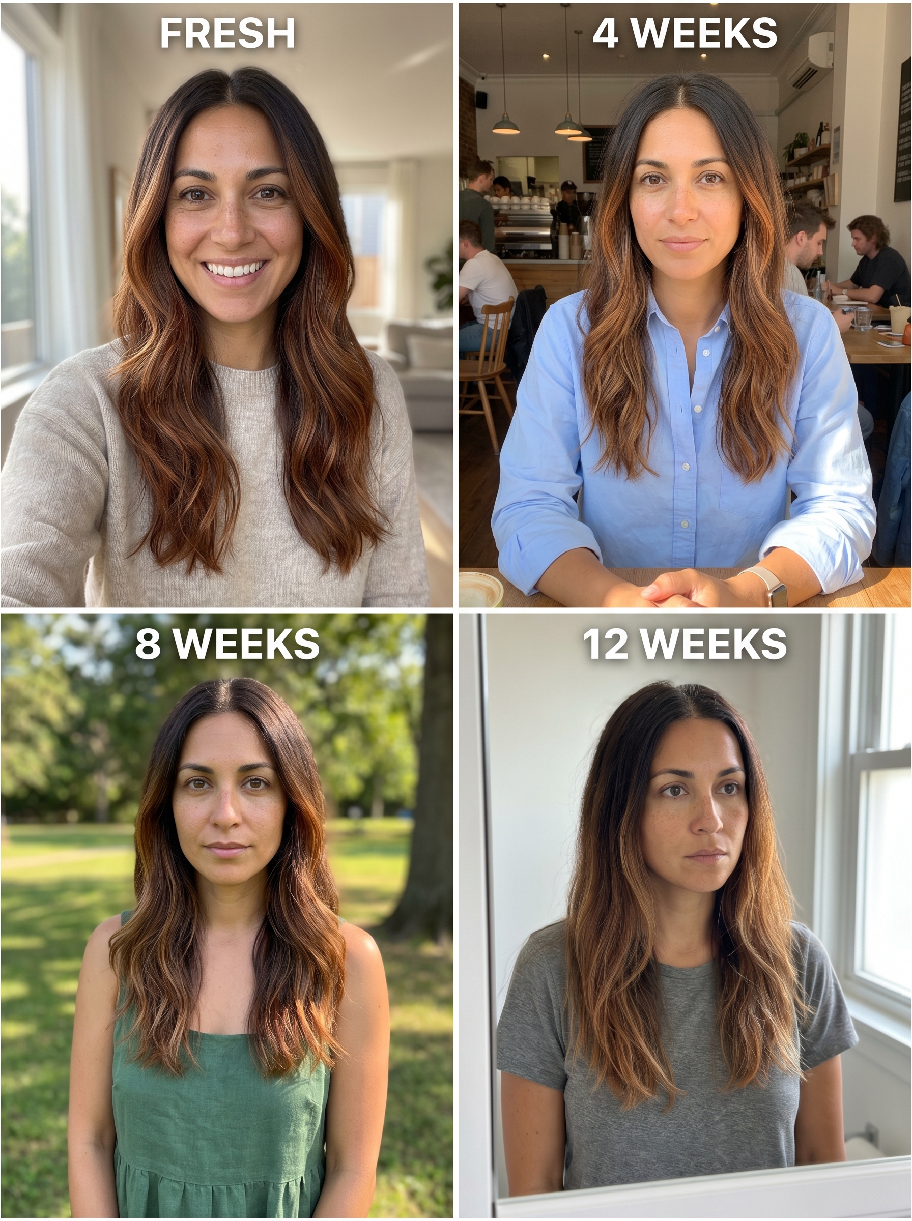 Subtle penny-slot copper highlights on warm brown hair, creating a sun-kissed, natural glow for everyday elegance or work.