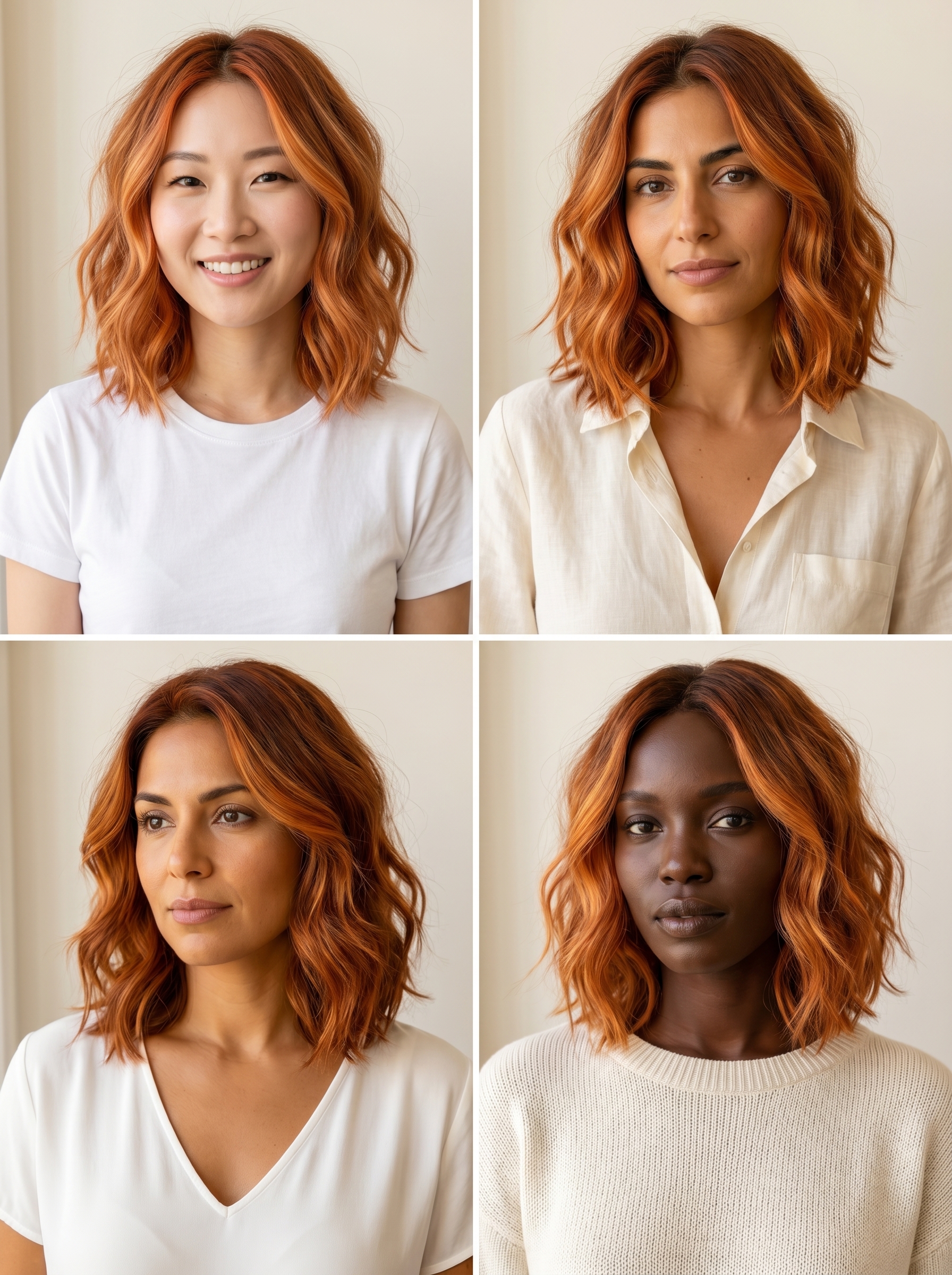 Effortless sun-drenched copper shag with bright copper and golden orange tones, perfect for a bohemian casual everyday style.