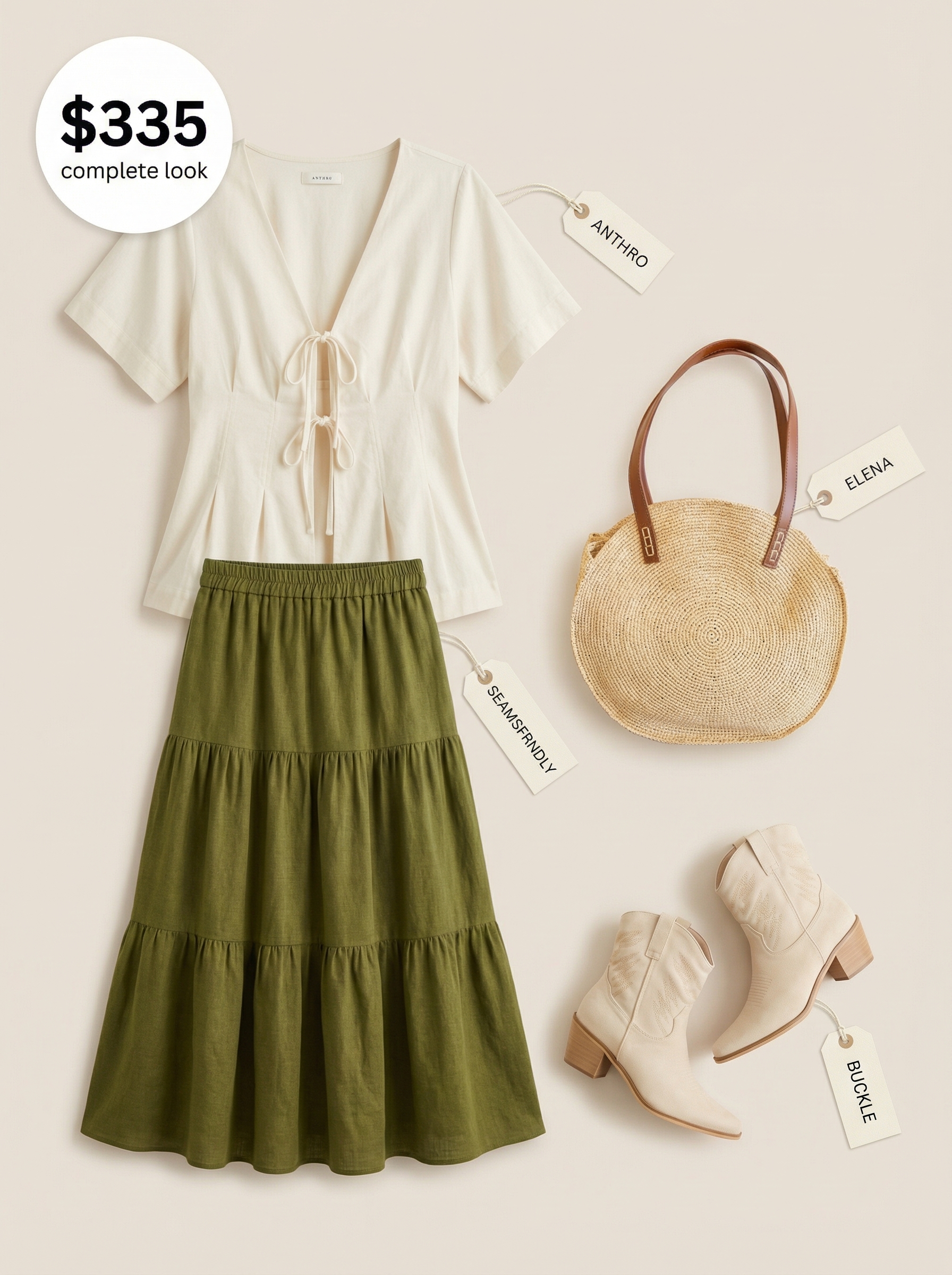 Boho Beach Bonfire Cowgirl Outfits 2024: Relaxed Style A relaxed bohemian summer cowgirl outfit with cream suede cowboy boots, an olive green tiered maxi skirt, and an off-white tie-front crop top, perfect for a bonfire.