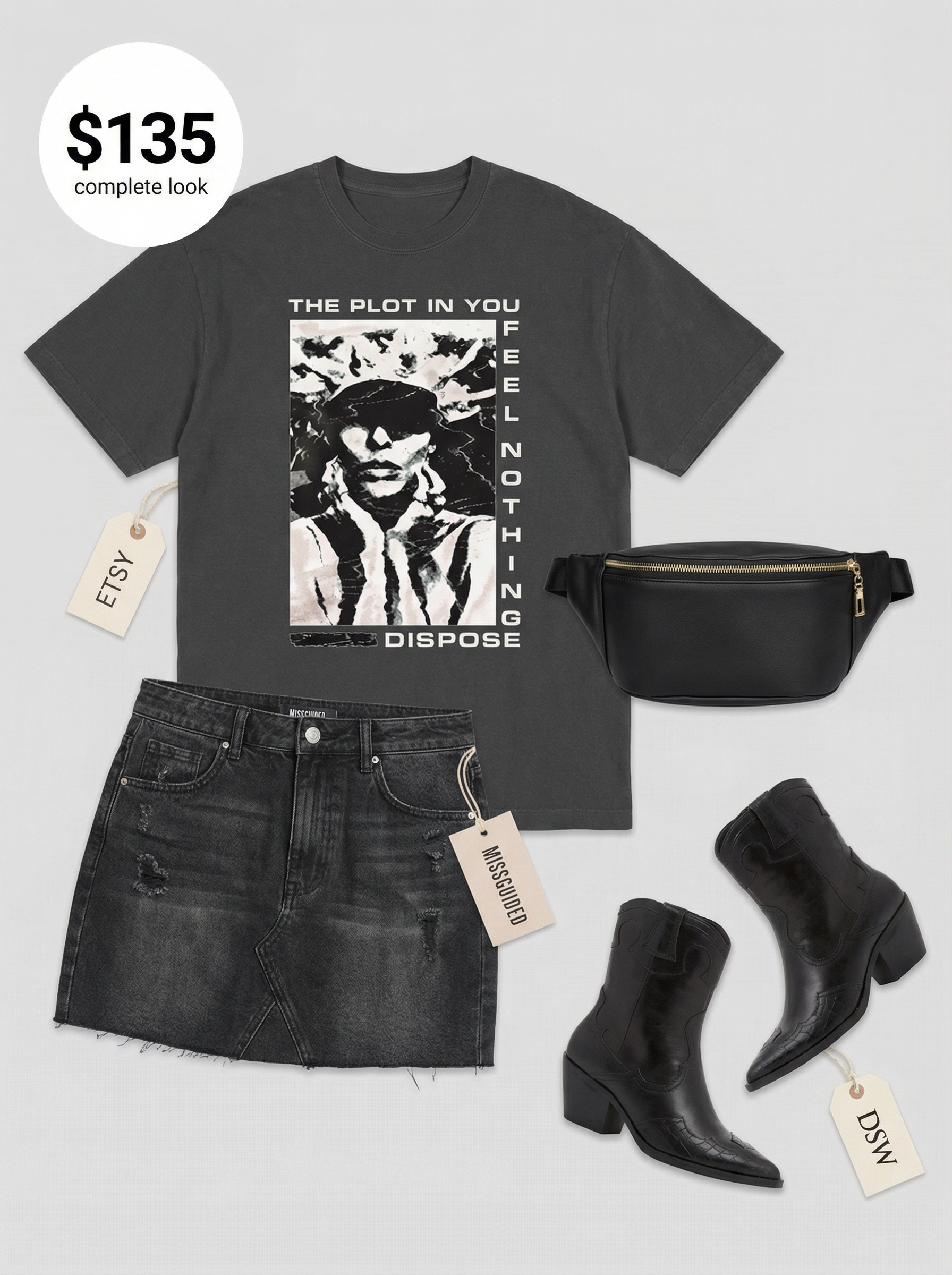 City Cowgirl Chic Summer Outfit 2024 Edgy summer cowgirl outfit featuring a vintage band tee, distressed denim mini skirt, and black leather ankle cowboy boots, perfect for a casual night out or concert.