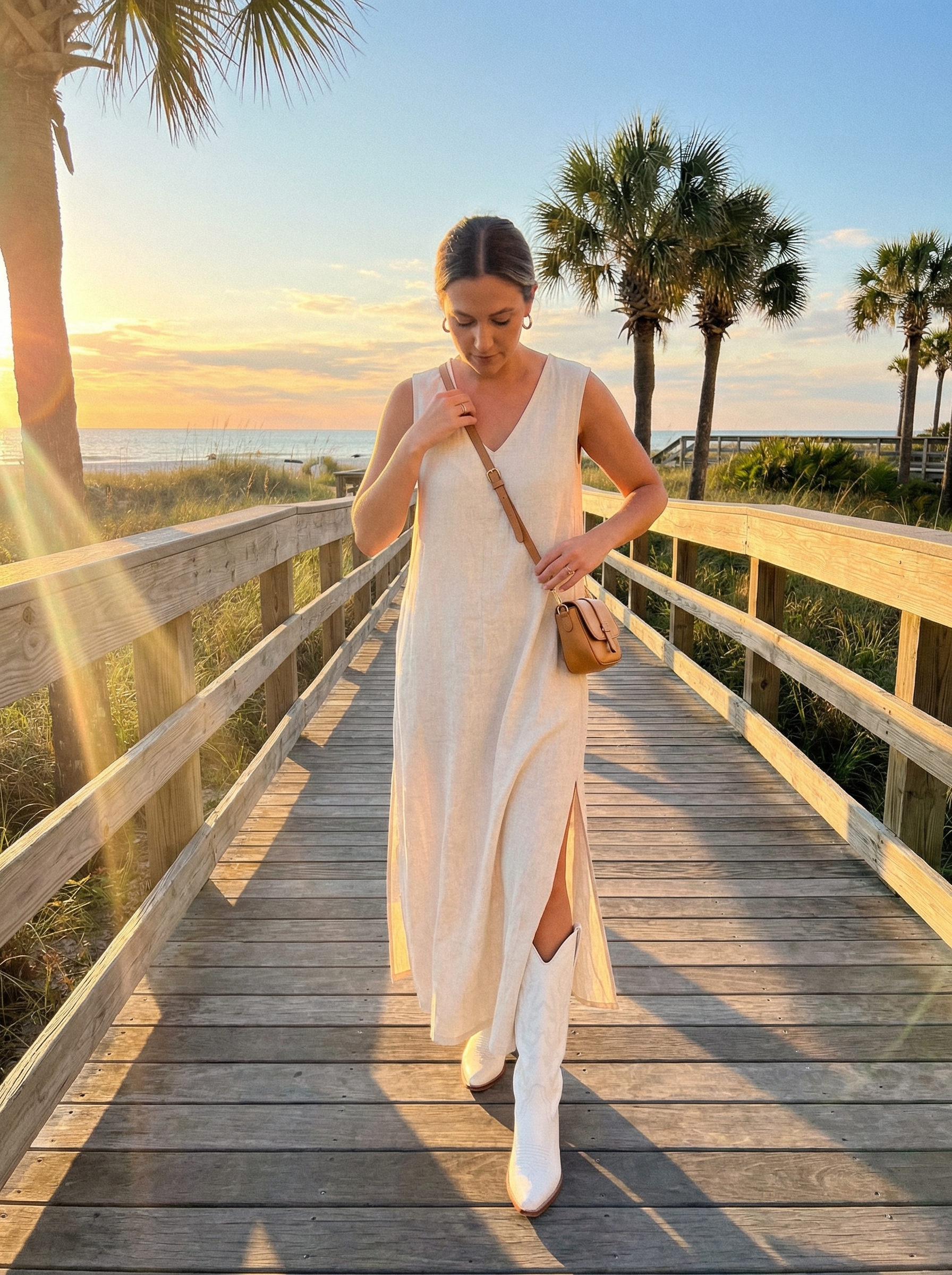 Coastal Cowgirl Sunset Outfit 2024 Elegant summer cowgirl outfit featuring a flowy beige linen maxi dress, white leather cowboy boots, a raffia clutch, and gold hoop earrings for a coastal evening.