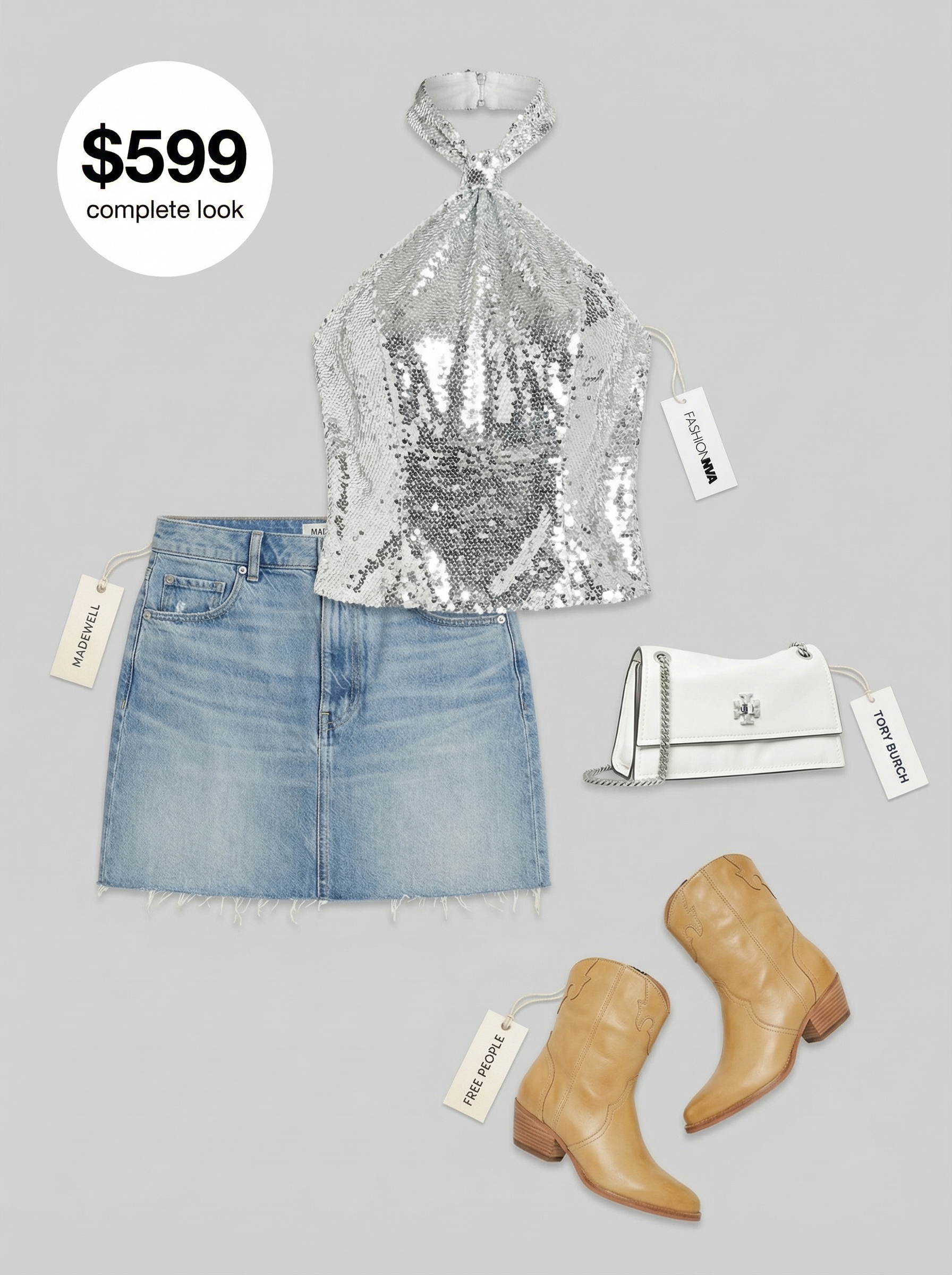 Denim & Diamonds Cowgirl Glam 2024 Playful summer cowgirl outfit with a silver sequin halter crop top, light wash denim mini skirt, tan leather cowboy boots, and a white mini bag, perfect for a party.