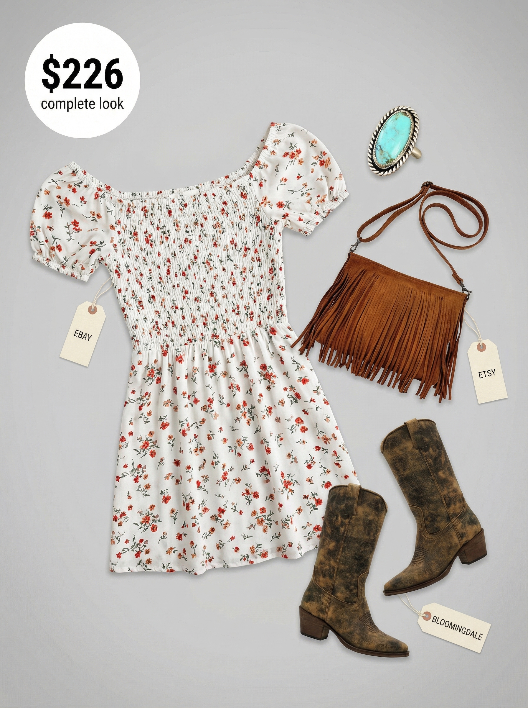 Desert Bloom Festival Cowgirl 2024 Bohemian summer cowgirl outfit for a festival: distressed brown cowboy boots, a floral mini dress, a fringed crossbody bag, and a silver turquoise ring for a playful vibe.