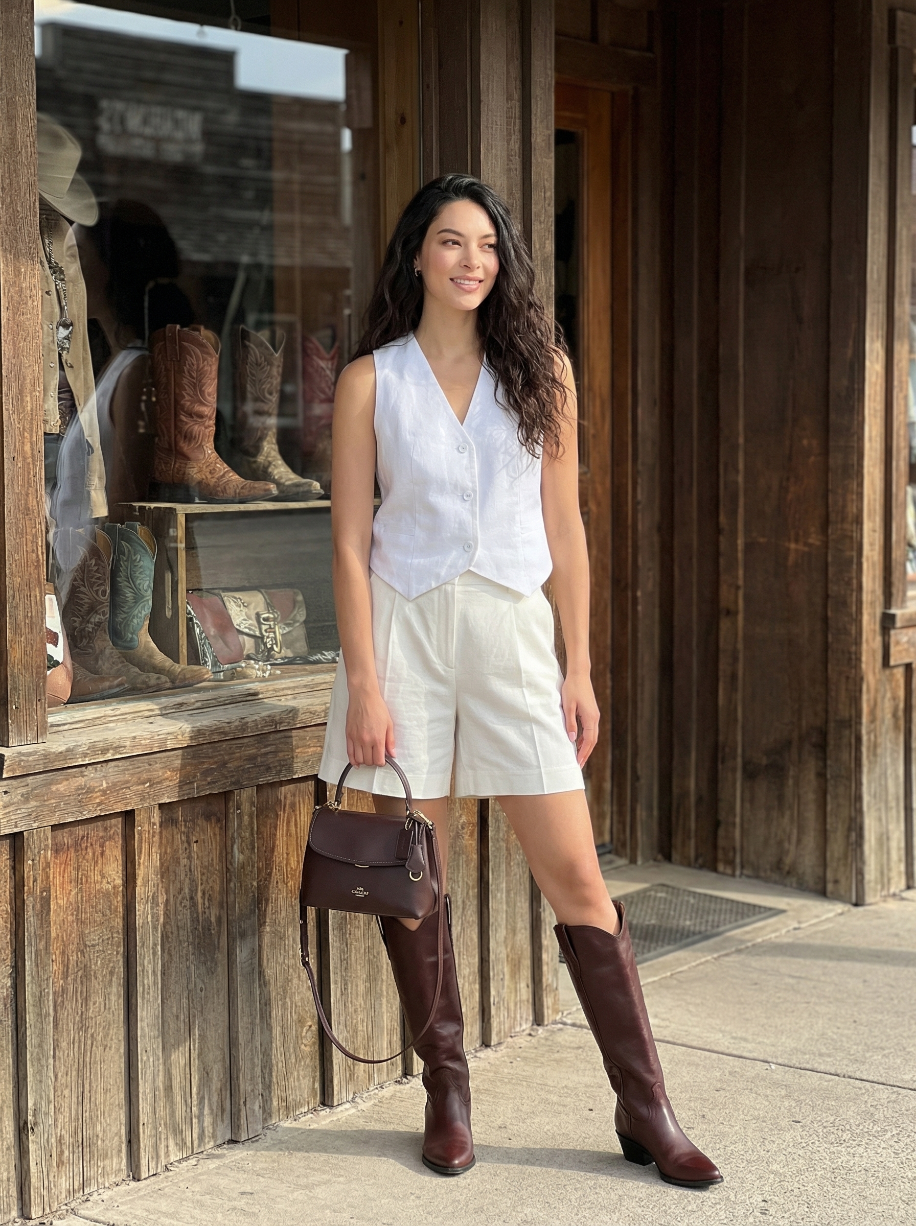 Modern Rancher Summer Cowgirl Outfit 2024 Chic modern rancher summer cowgirl outfit with a white linen vest and shorts, dark brown cowboy boots, and a brown top-handle bag, for brunch or a day event.