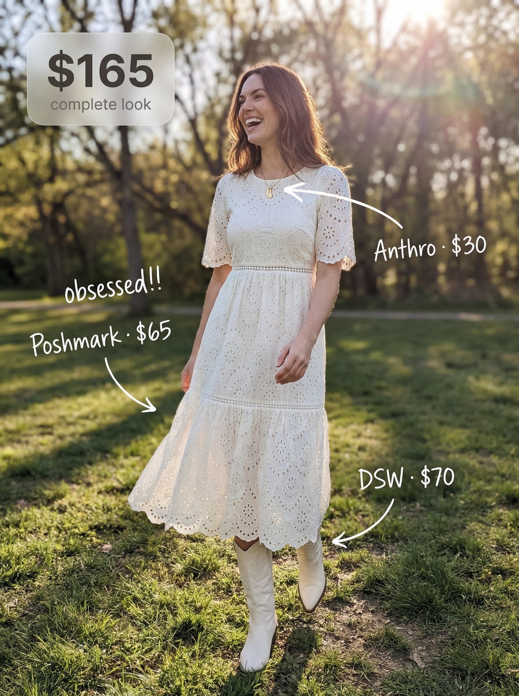 Prairie Picnic Cowgirl Outfit 2024 Romantic summer cowgirl outfit displaying a white cotton eyelet tiered midi dress, cream western boots, a woven basket bag, and a gold pendant necklace for a picnic.