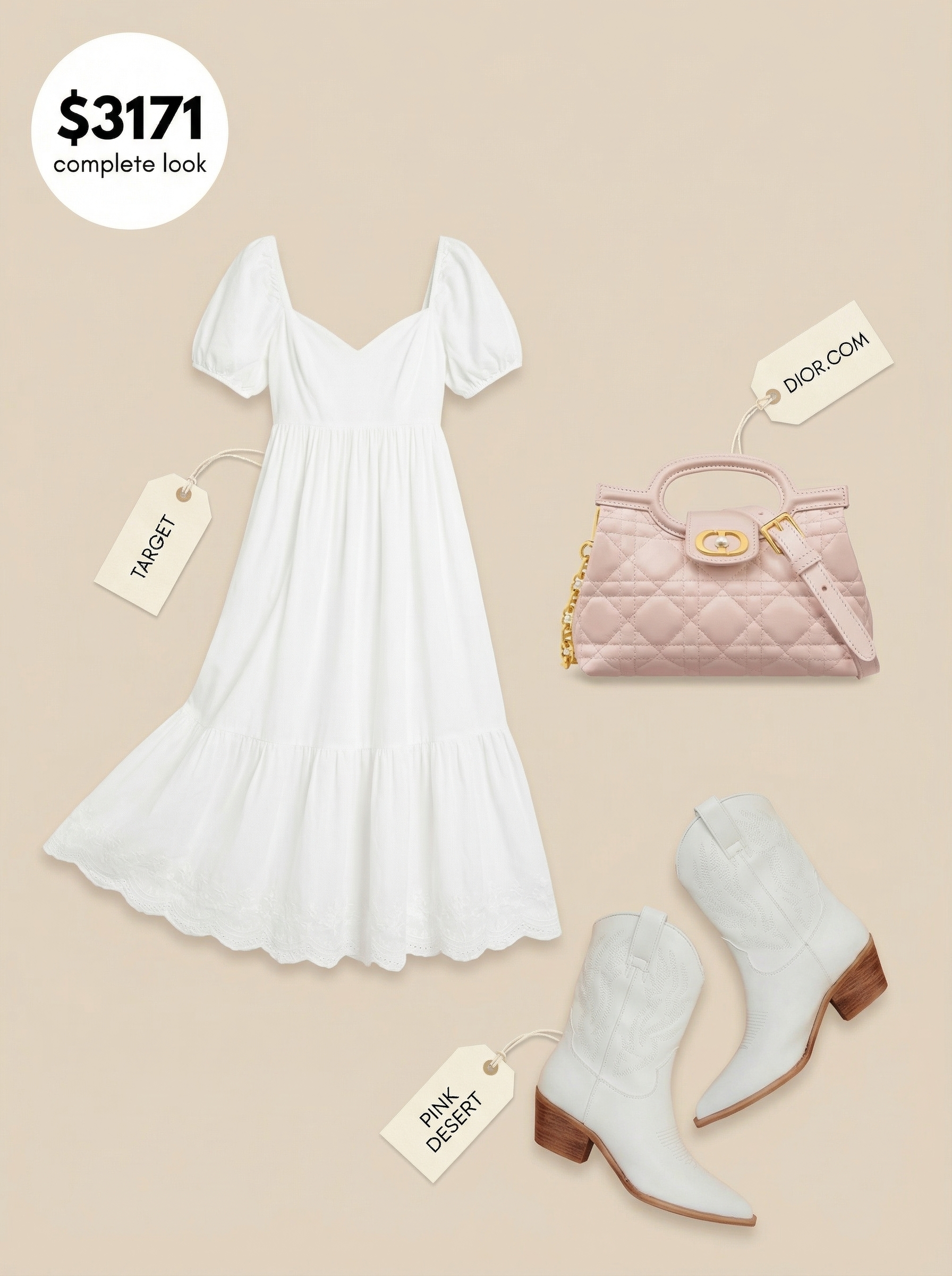 Modern Prairie Princess Summer Outfit 2024 Romantic summer cowgirl outfit with a white eyelet midi dress, white short cowboy boots, blush pink satin bag, and gold necklace, perfect for a garden party.