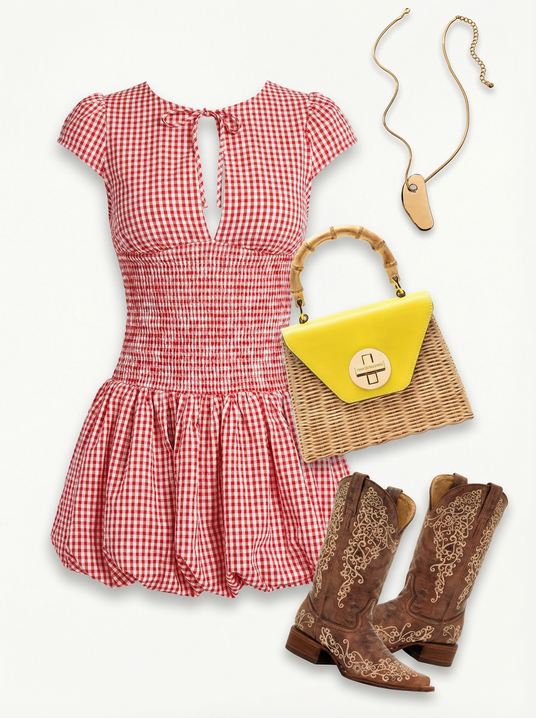 Prairie Sunset Picnic Cowgirl 2024 Charming summer cowgirl outfit featuring a red and white gingham mini dress, rich brown leather cowboy boots, a woven basket bag, and a gold pendant for a picnic.