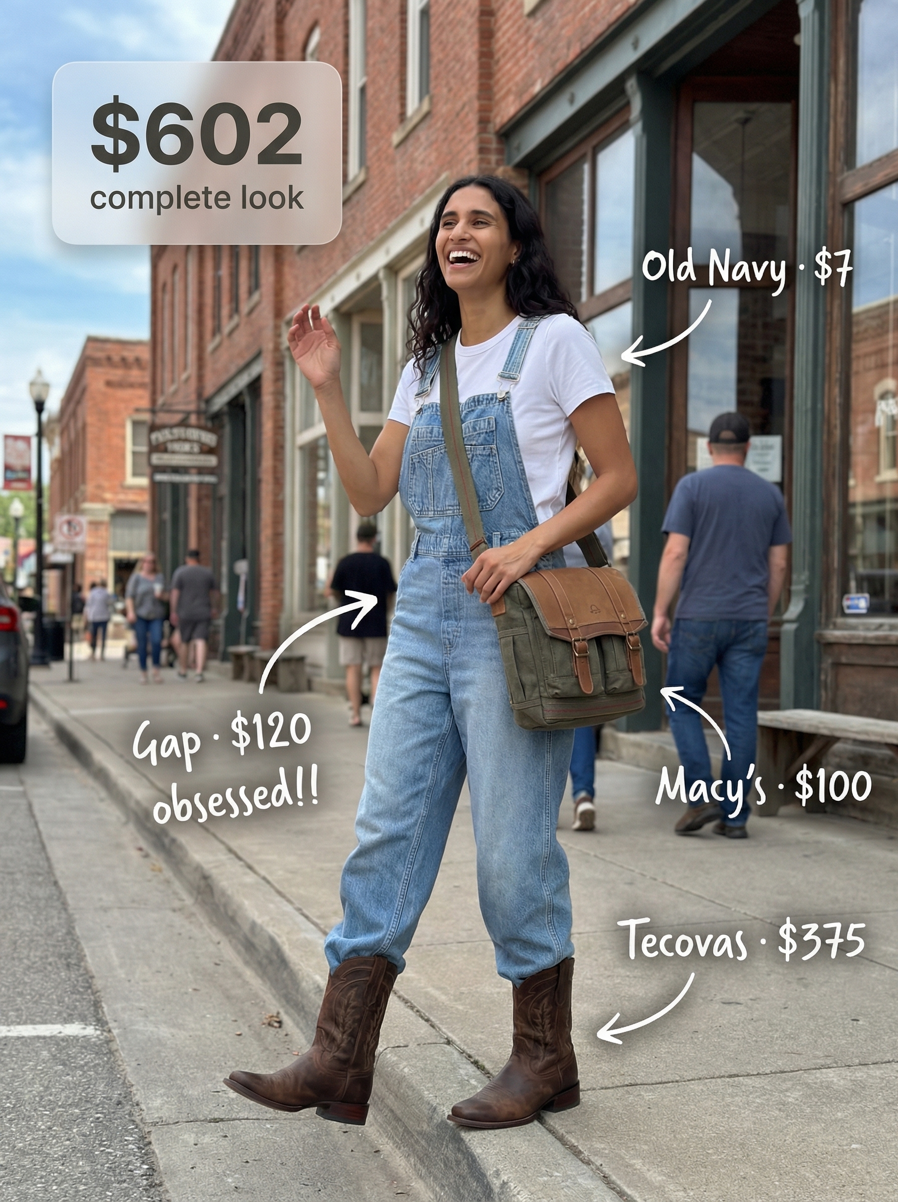 Summer Ranch Getaway Cowgirl Style 2024 Practical summer cowgirl outfit with denim overalls, white t-shirt, brown leather cowboy boots, and a canvas crossbody, for ranch activities or outdoor adventures.