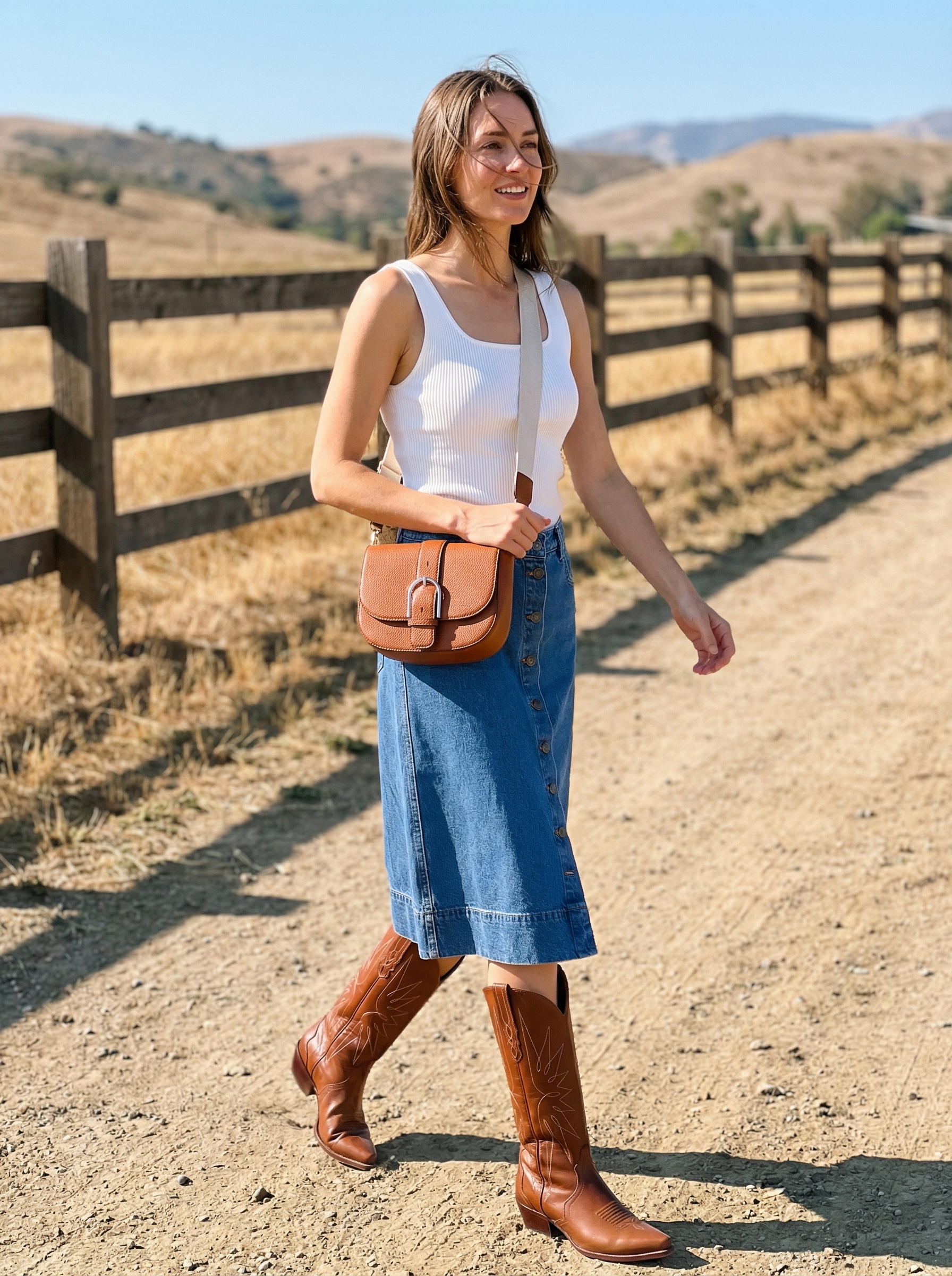 Ranch-to-Town Summer Style 2024 Practical summer cowgirl outfit with a white ribbed tank, denim midi skirt, and classic brown leather cowboy boots, great for day errands or farm visits.