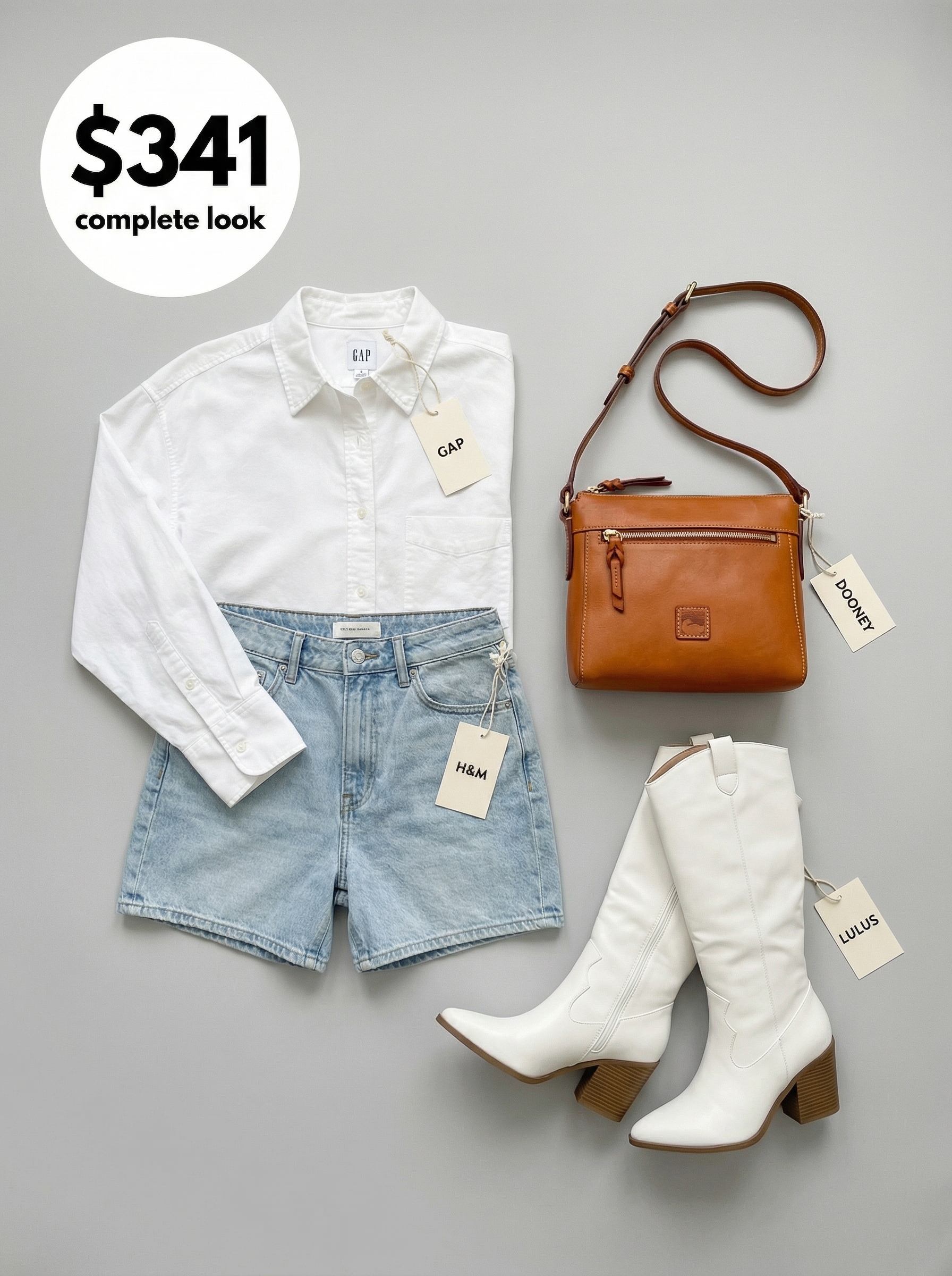 Rodeo Ready Summer Cowgirl Outfits 2024: Brunch Look A modern Western summer cowgirl outfit featuring crisp white cowboy boots, light wash denim shorts, and an oversized sky blue button-down shirt, great for brunch.