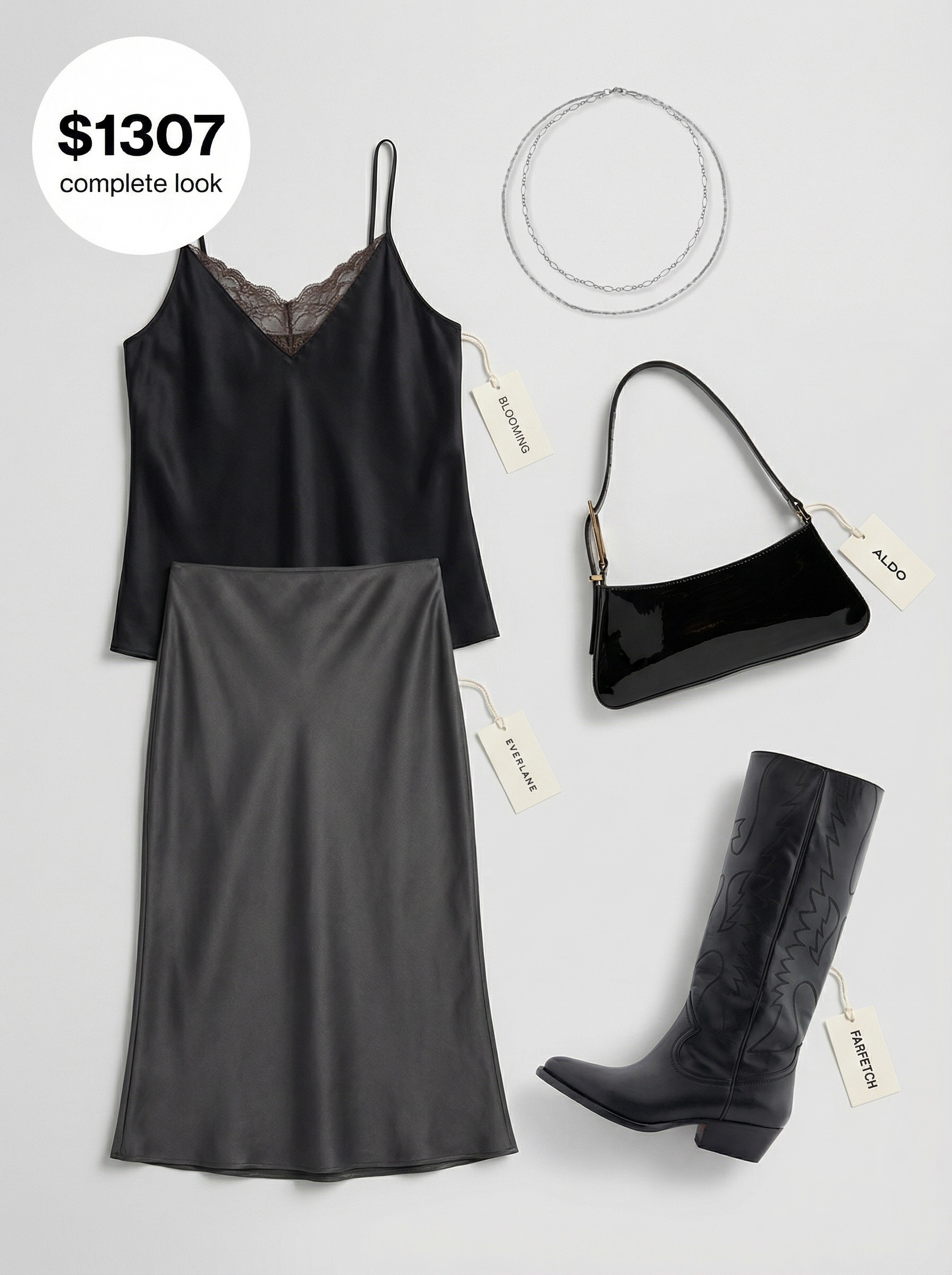 Sophisticated Summer Cowgirl Outfits 2024: Date Night A sophisticated summer cowgirl outfit with black knee-high cowboy boots, a charcoal satin slip skirt, black camisole, and layered silver necklaces ideal for a date night.