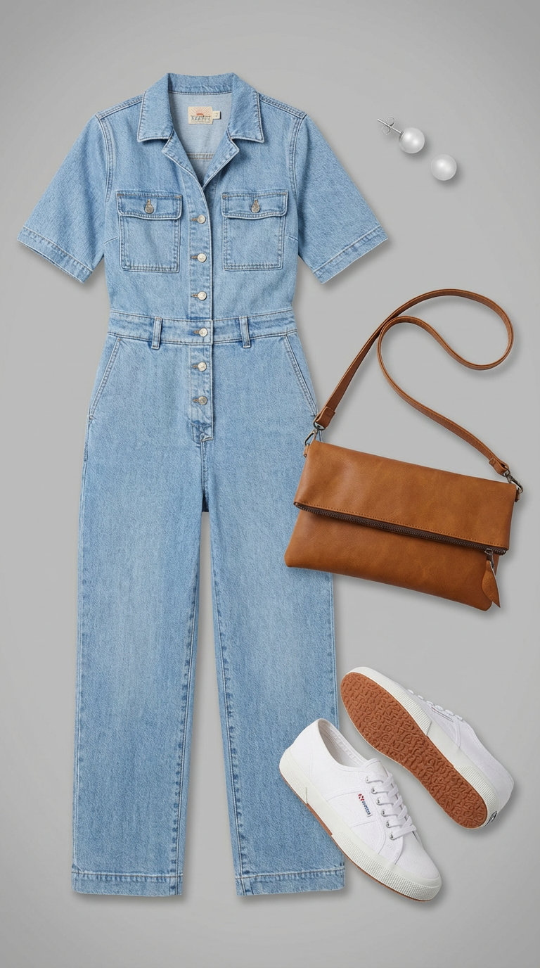 Light wash denim utility jumpsuit, white canvas sneakers, and a cognac crossbody bag create comfortable summer family picture outfits for a casual outing or zoo trip.