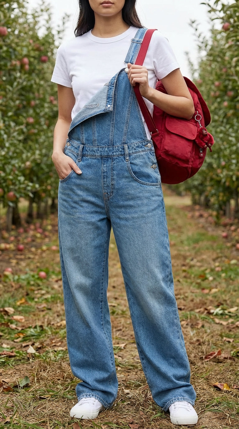 Medium wash denim overalls, white crew neck t-shirt, white low-top sneakers, and a red canvas backpack for playful summer family picture outfits.