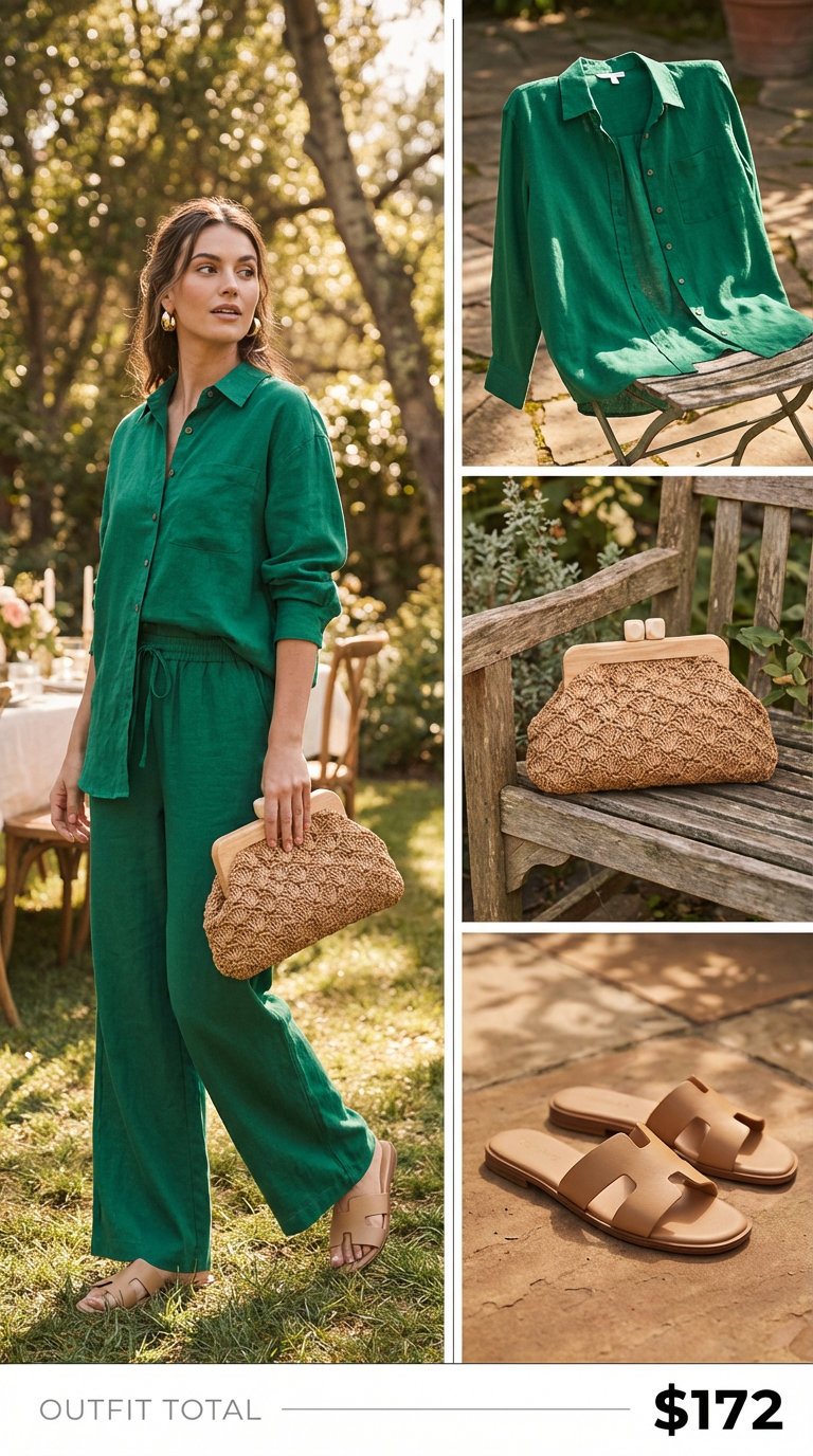 Emerald green linen matching set (shirt and wide-leg pants), gold slide sandals, and straw clutch for sophisticated summer family picture outfits.