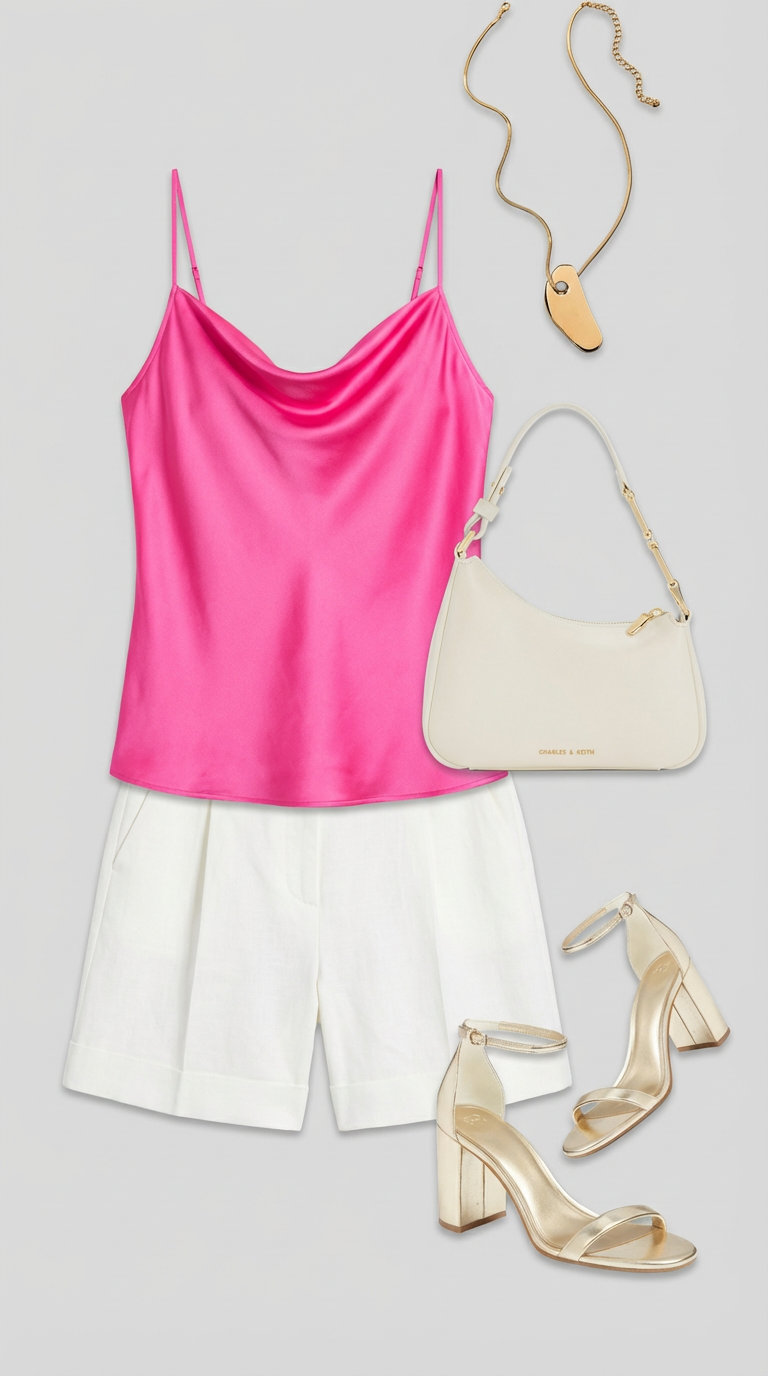 Hot pink silk camisole and white high-waisted shorts with gold sandals for chic summer family picture outfits at a garden party or upscale brunch.