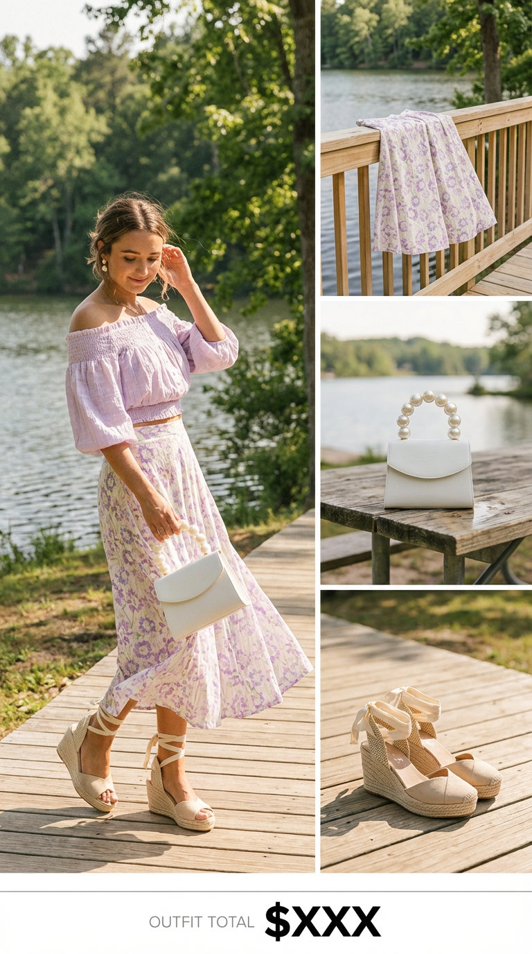 Lavender floral midi skirt, white off-shoulder crop top, nude espadrille wedges, and pearl bag for romantic summer family picture outfits.