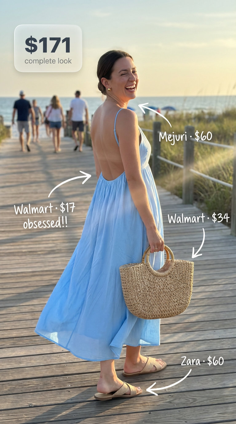 Sky blue linen maxi dress, off-white slide sandals, and woven tote bag for serene summer family picture outfits on a coastal beach vacation.