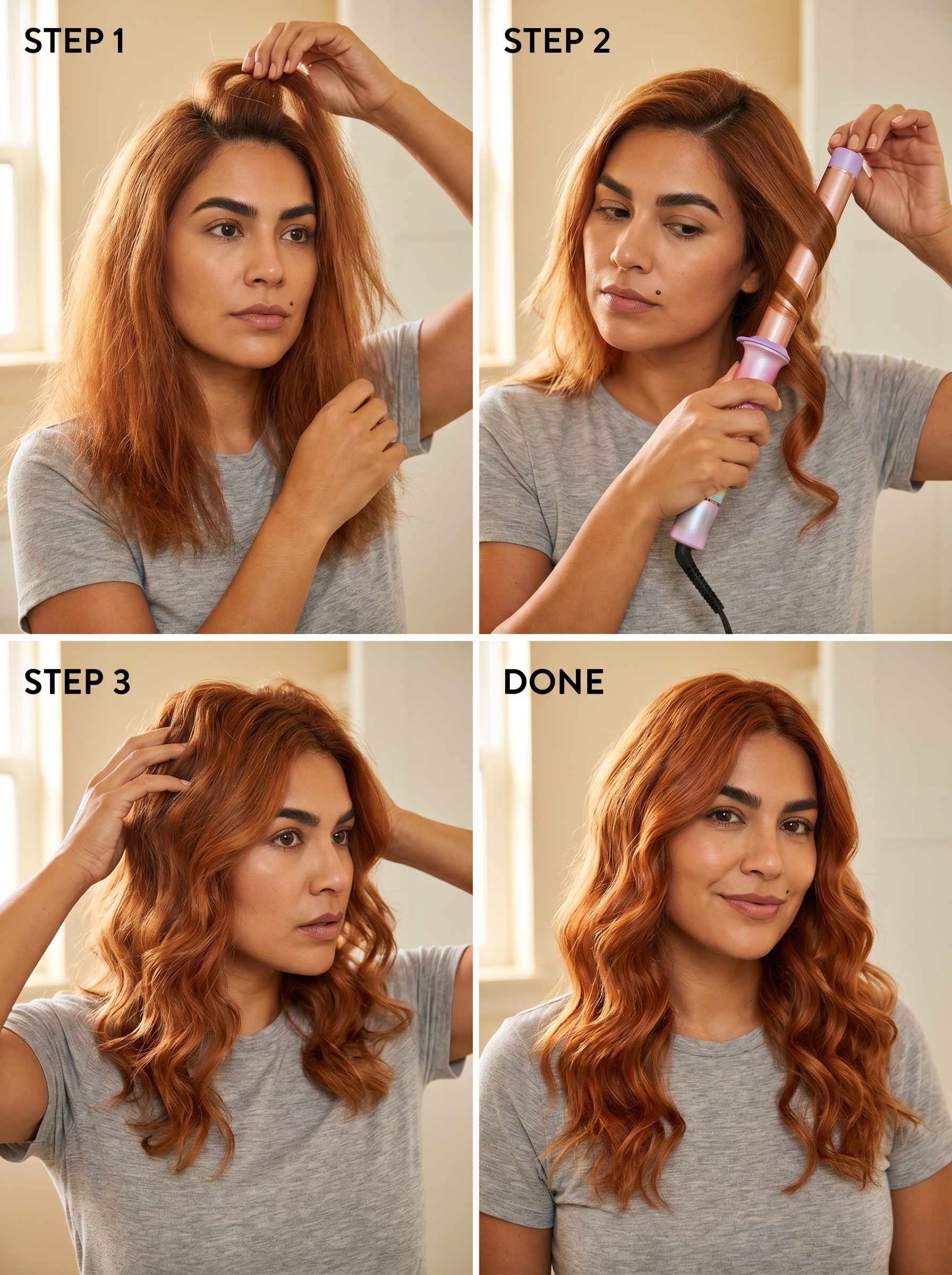 A vibrant red/copper haired person with Aperol Spritz Copper Waves, achieved with a large barrel curling wand. This look is perfect for everyday wear, festivals, or a vacation, showcasing beautiful summer hair ideas 2026.