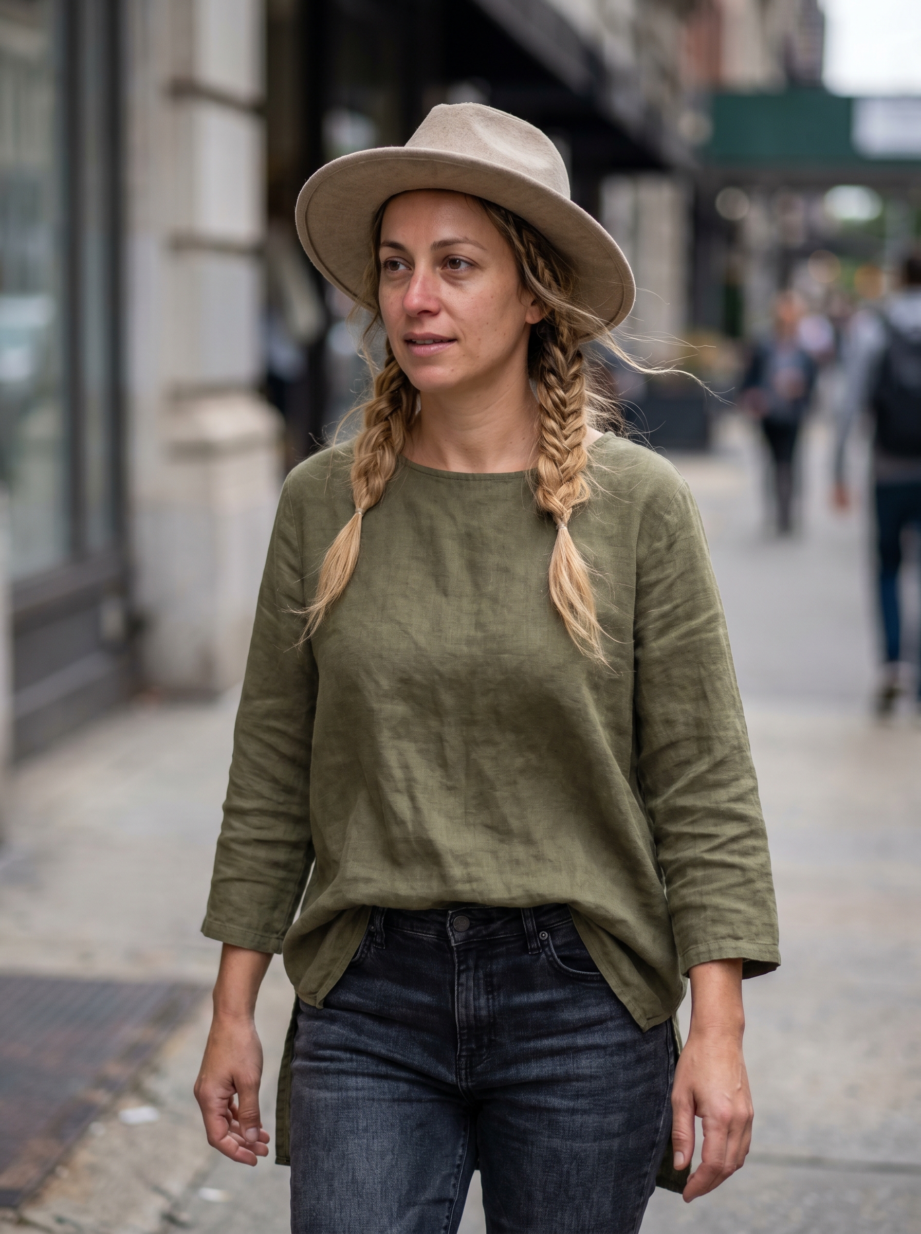 A rugged and bohemian Desert Nomad Braids hairstyle, featuring natural earth tones and protective styling, complemented by a wide-brim straw hat. This look is great for everyday wear, outdoor adventures, or festivals, providing practical summer hair ideas 2026.