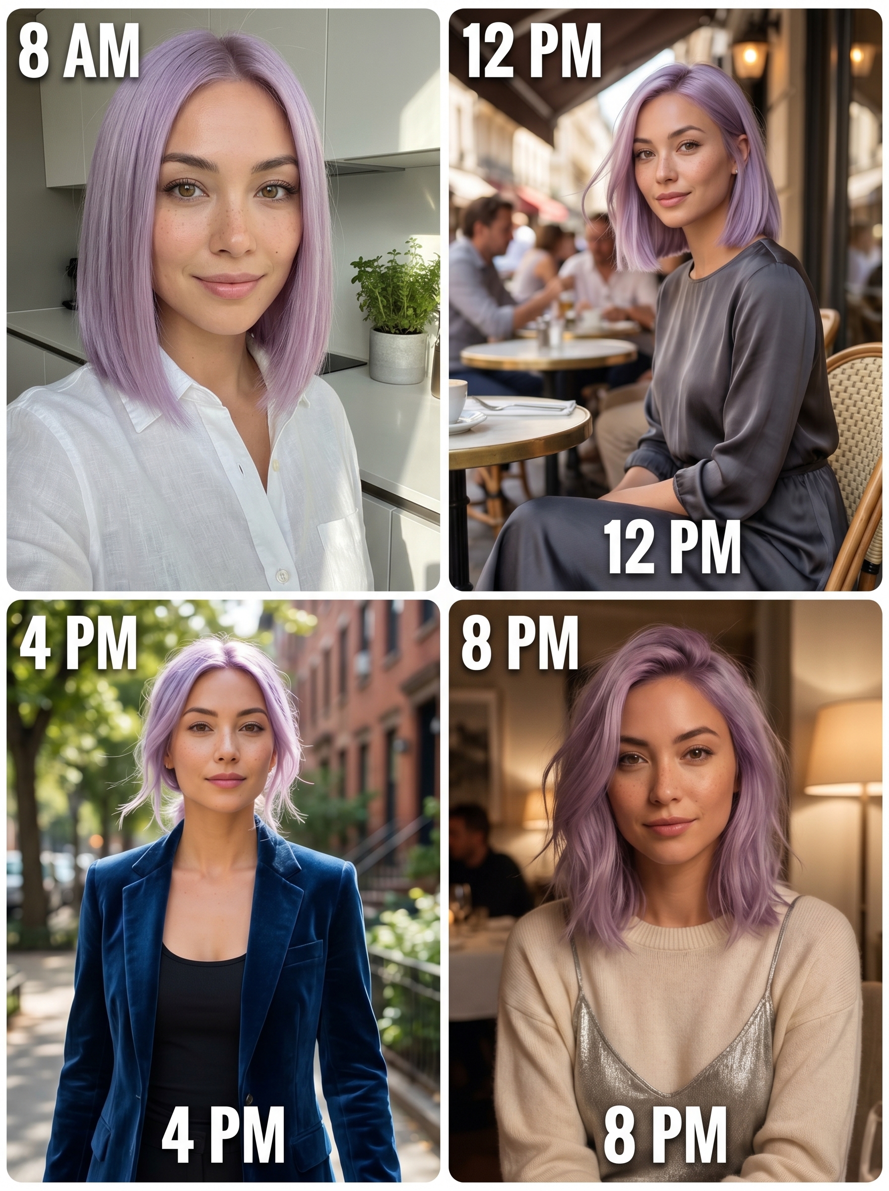 A futuristic and sleek Digital Lavender hairstyle, featuring a reflective flat ironed finish and metallic hair clips. This edgy look is a bold choice for a special event, fashion event, or night out, showcasing trending summer hair ideas 2026.