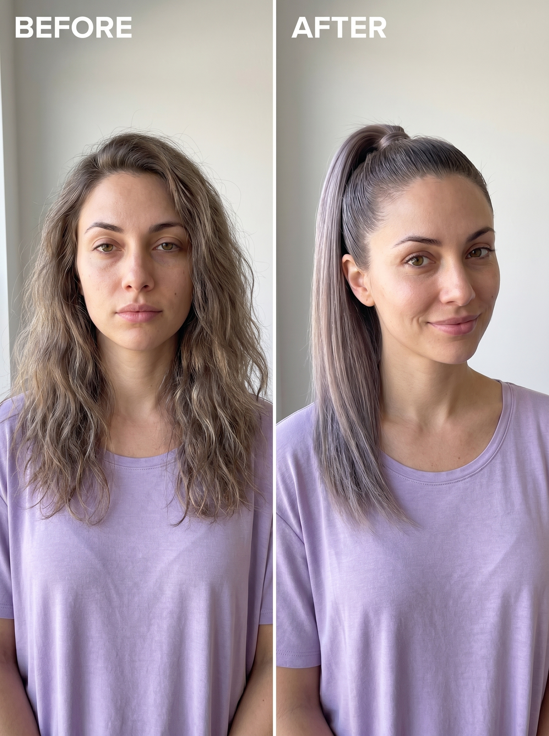 Futuristic Digital Lavender Sleek Ponytail, a bold and stylish option for summer hair ideas. Features vibrant lavender color, high-shine finish, and a professional flat iron.