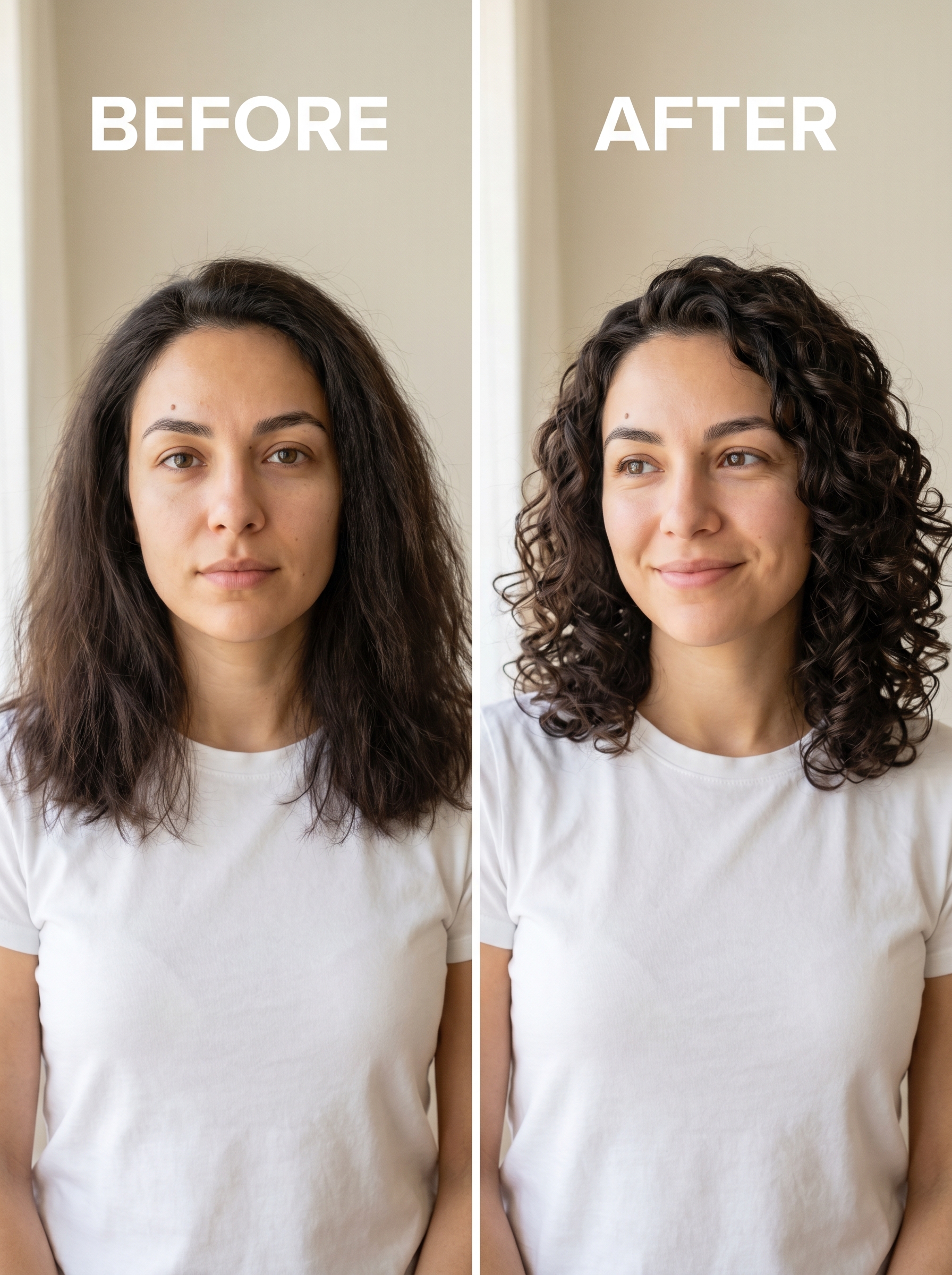 Beautiful white curly hair styled with defined, air-dried curls for effortless summer hair ideas. Shows a natural, moisturized look perfect for casual outings or the beach.