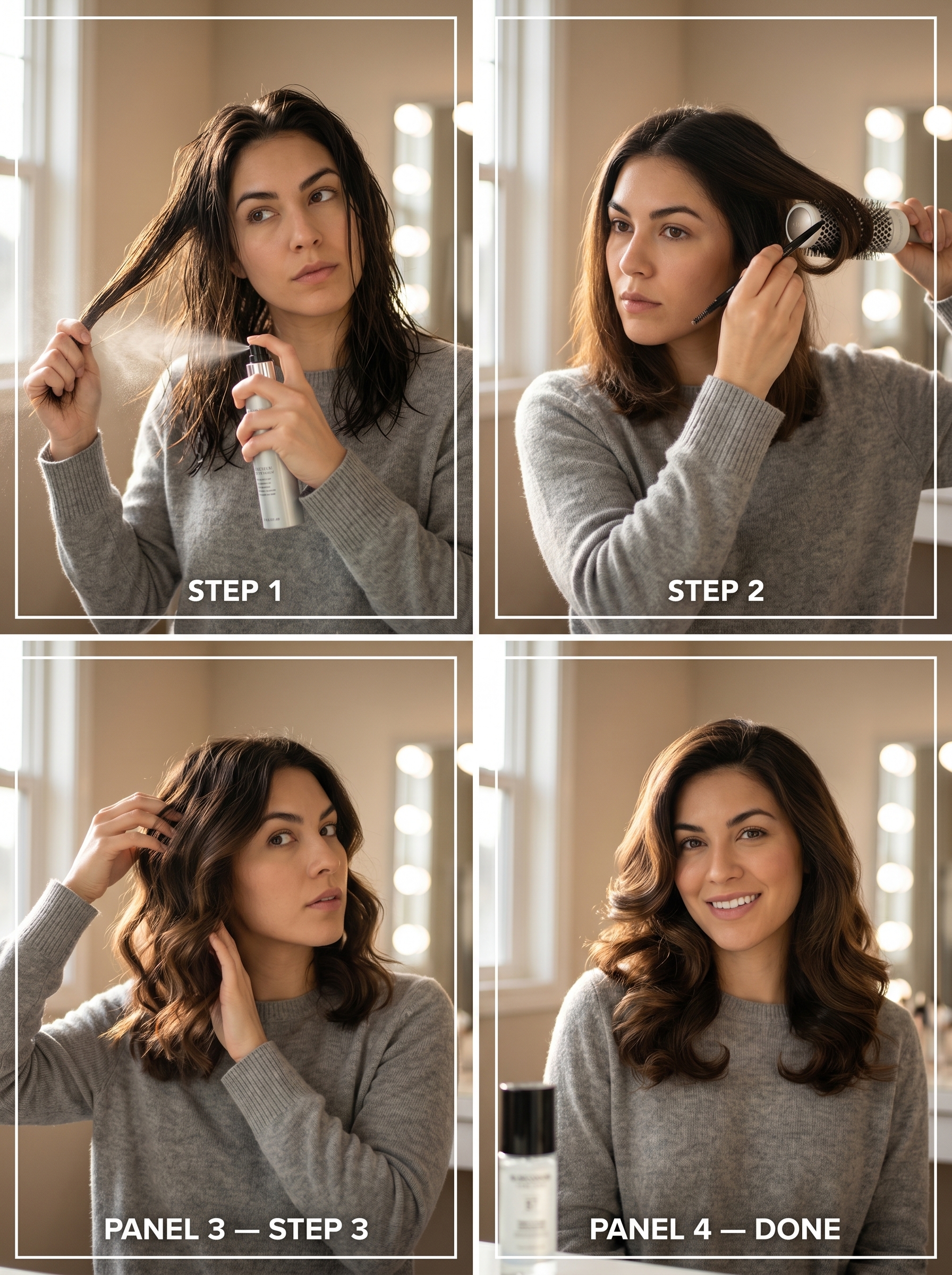 Glamorous Retro Riviera Blowout with voluminous curls, ideal for sophisticated summer hair ideas for date nights or special events. Features Velcro rollers and volumizing mousse.