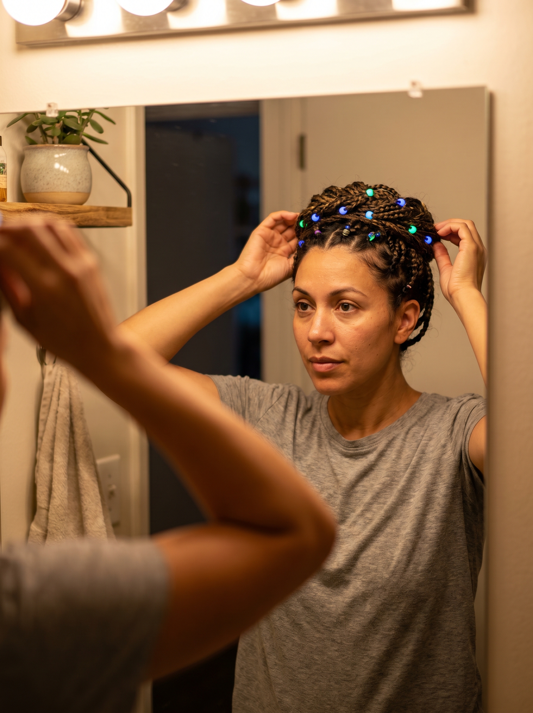 Playful solar-flared braids with UV-reactive beads, an energetic festival look for summer hairstyles 2026. Featuring neon colors and dopamine styling.