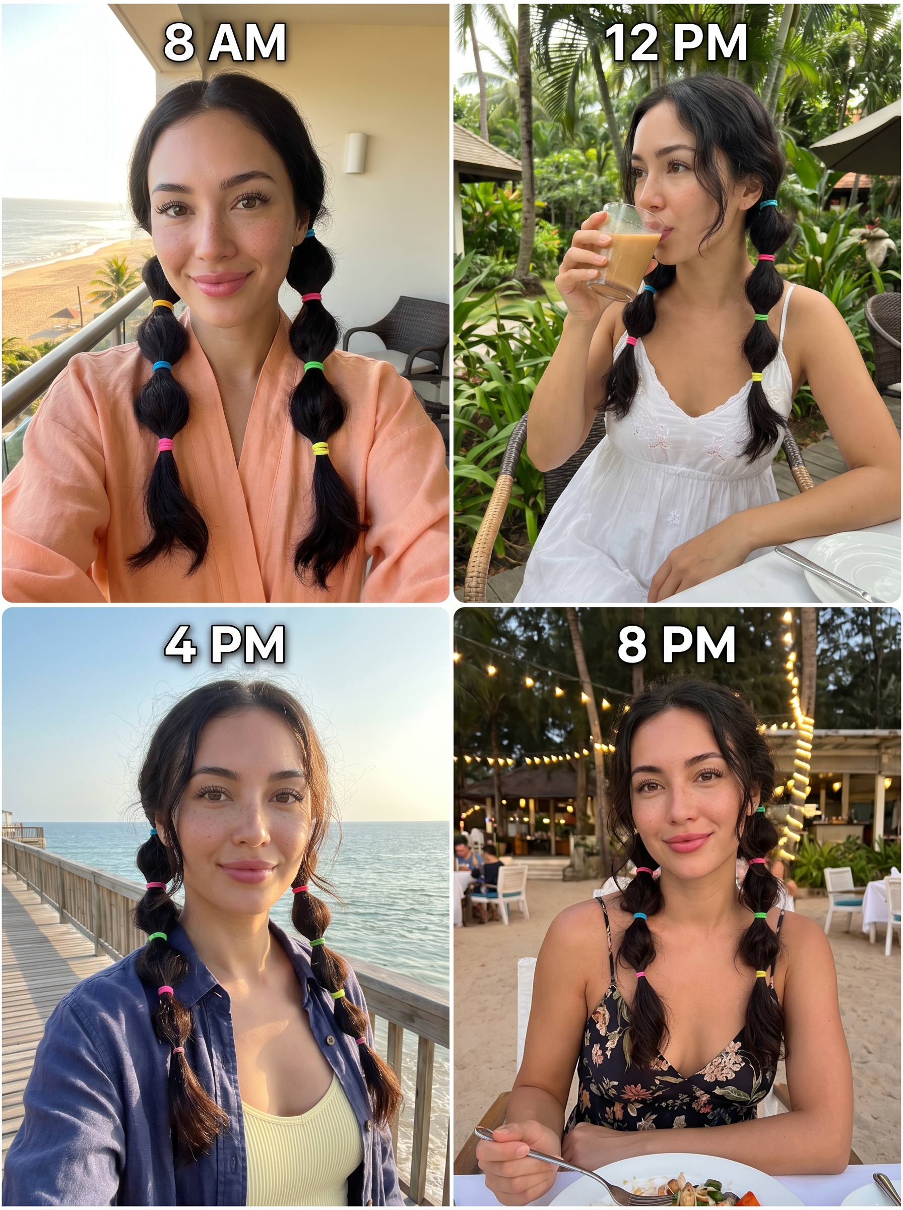 Playful bubble braid pigtails 2.0 with colorful cyber-lime accents for summer hairstyles braids 2026. This youthful, energetic look uses assorted neon and pastel elastics on sun-bleached apricot hair, ideal for festivals or beach trips.