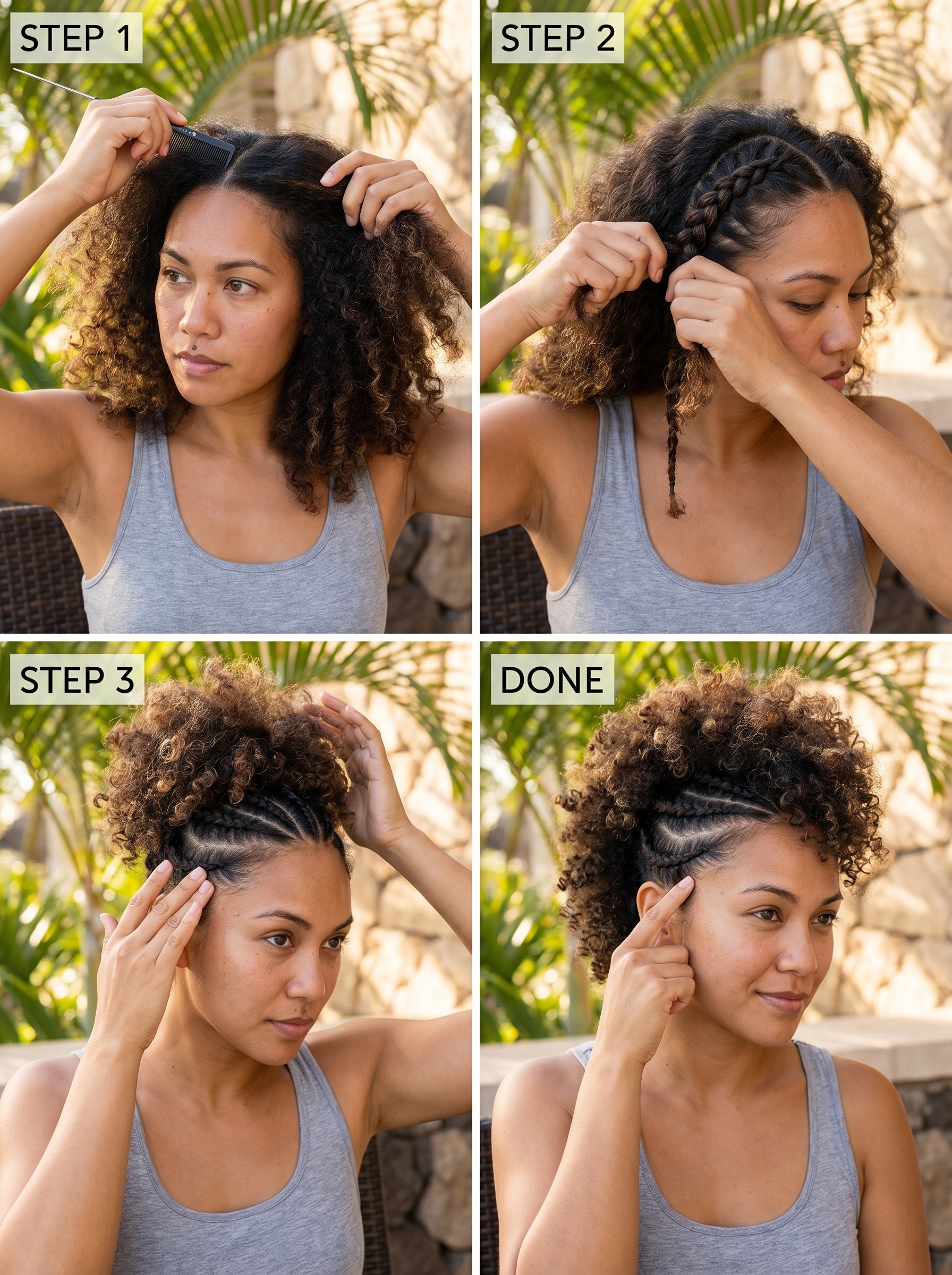 Bold Tapered Cornrow Mohawk with Voluminous Puff, an edgy summer hairstyles braids 2026 for active wear or festivals. Features mushroom bronde tones, styled with high-shine pomade.
