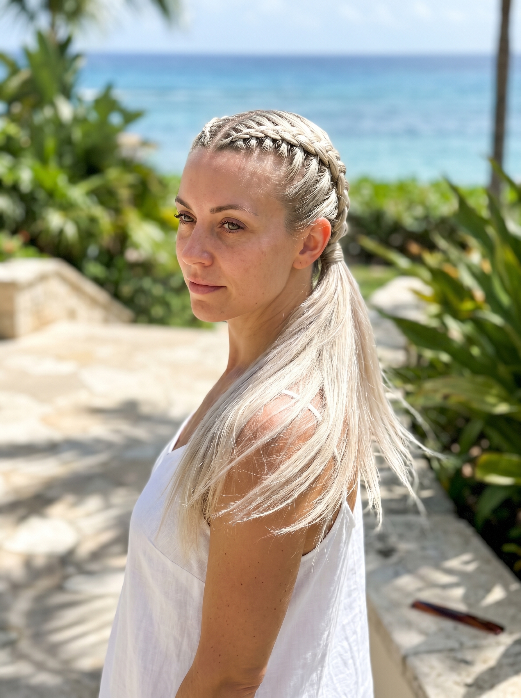 Sleek Hydro-Glow Dutch Braids in iridescent pearl with cyber-lime accents, a polished summer hairstyles braids 2026 for resorts and poolside. Styled with a heavy-hold laminating gel.