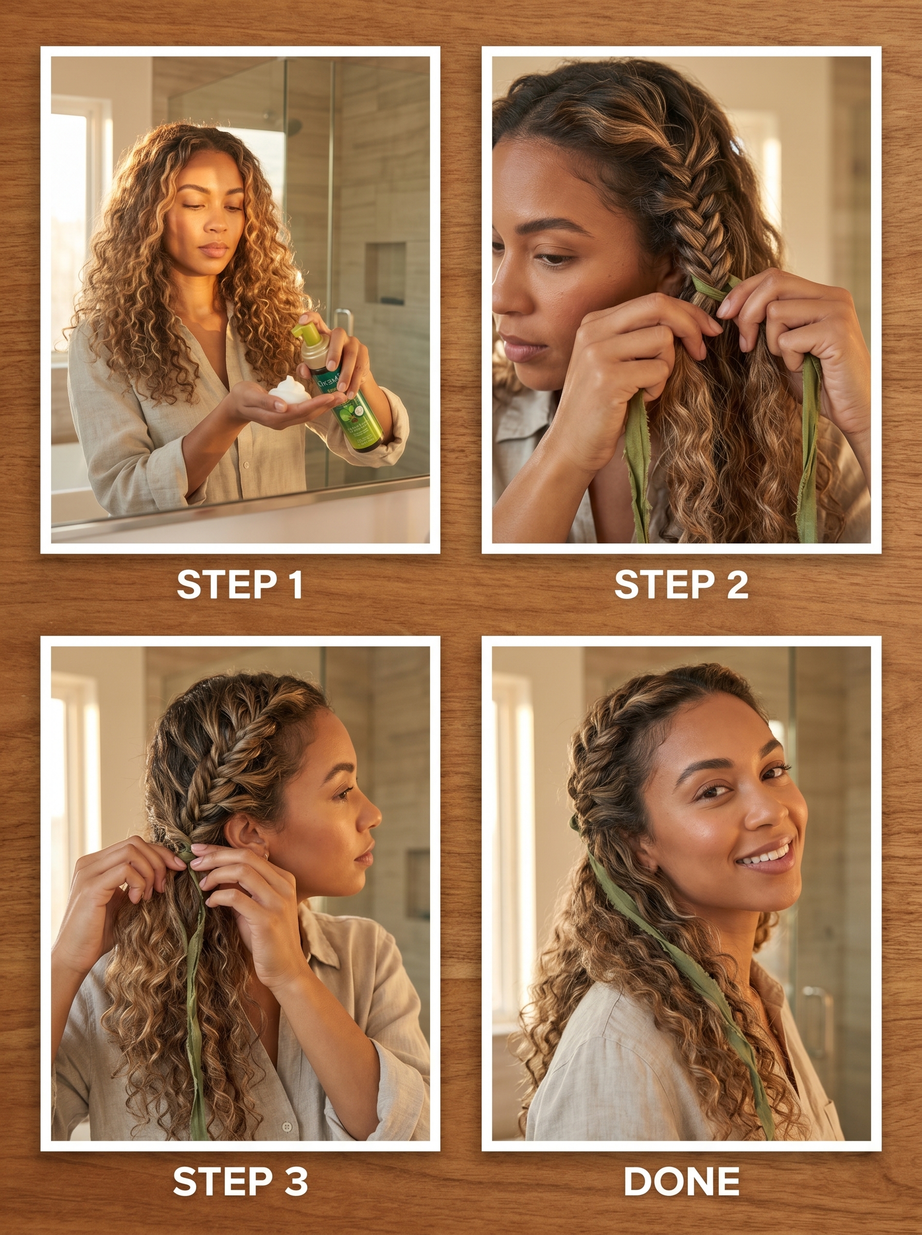 Romantic organic earth ribboned fishtail crown braid for summer 2026. This bohemian-effortless hairstyle features sun-bleached apricot and earth-tone ribbons woven into a mushroom bronde fishtail, perfect for a beach wedding or resort.