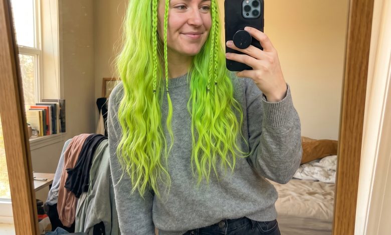 Avant-garde sculptural cyber-lime baby braid accents for summer hairstyles braids 2026. This edgy futuristic look features iridescent pearl and neon cyber-lime braiding thread, ideal for festivals or photoshoots.
