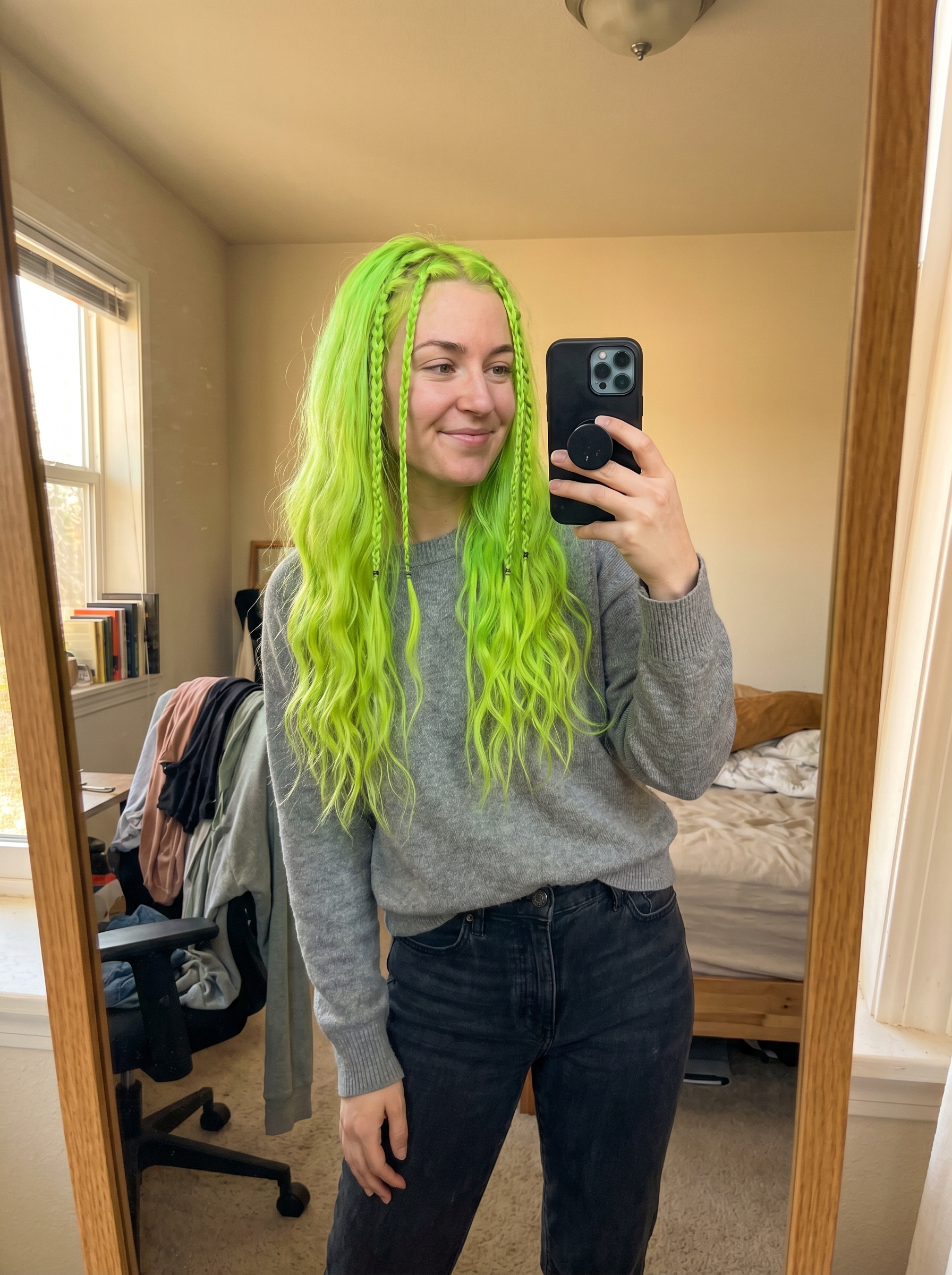 Avant-garde sculptural cyber-lime baby braid accents for summer hairstyles braids 2026. This edgy futuristic look features iridescent pearl and neon cyber-lime braiding thread, ideal for festivals or photoshoots.