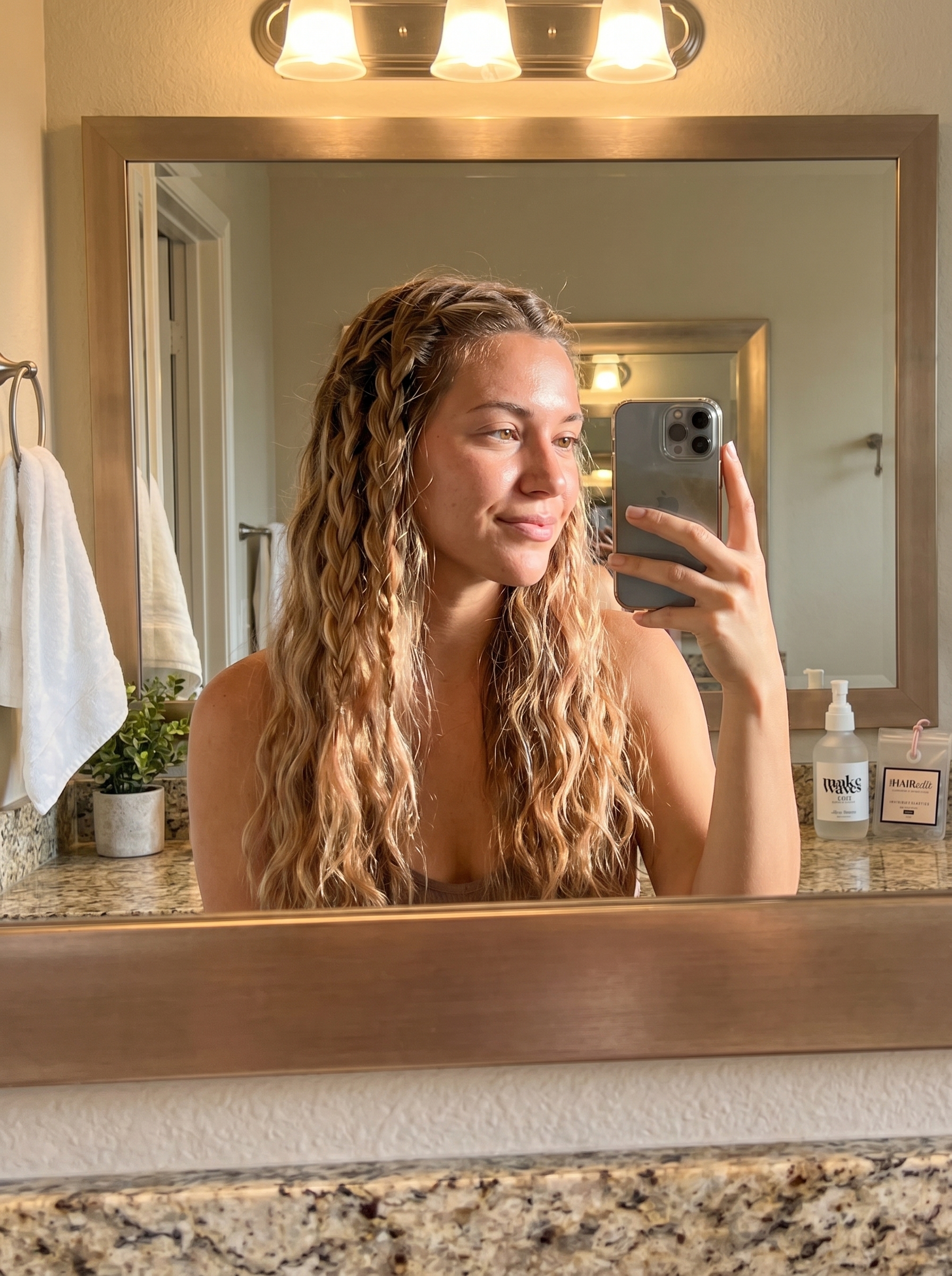 Effortless waterfall braids with beach waves, a relaxed bohemian style for summer hairstyles braids 2026. Featuring sun-bleached apricot and mushroom bronde hair, perfect for beach, resort, or vacation looks.