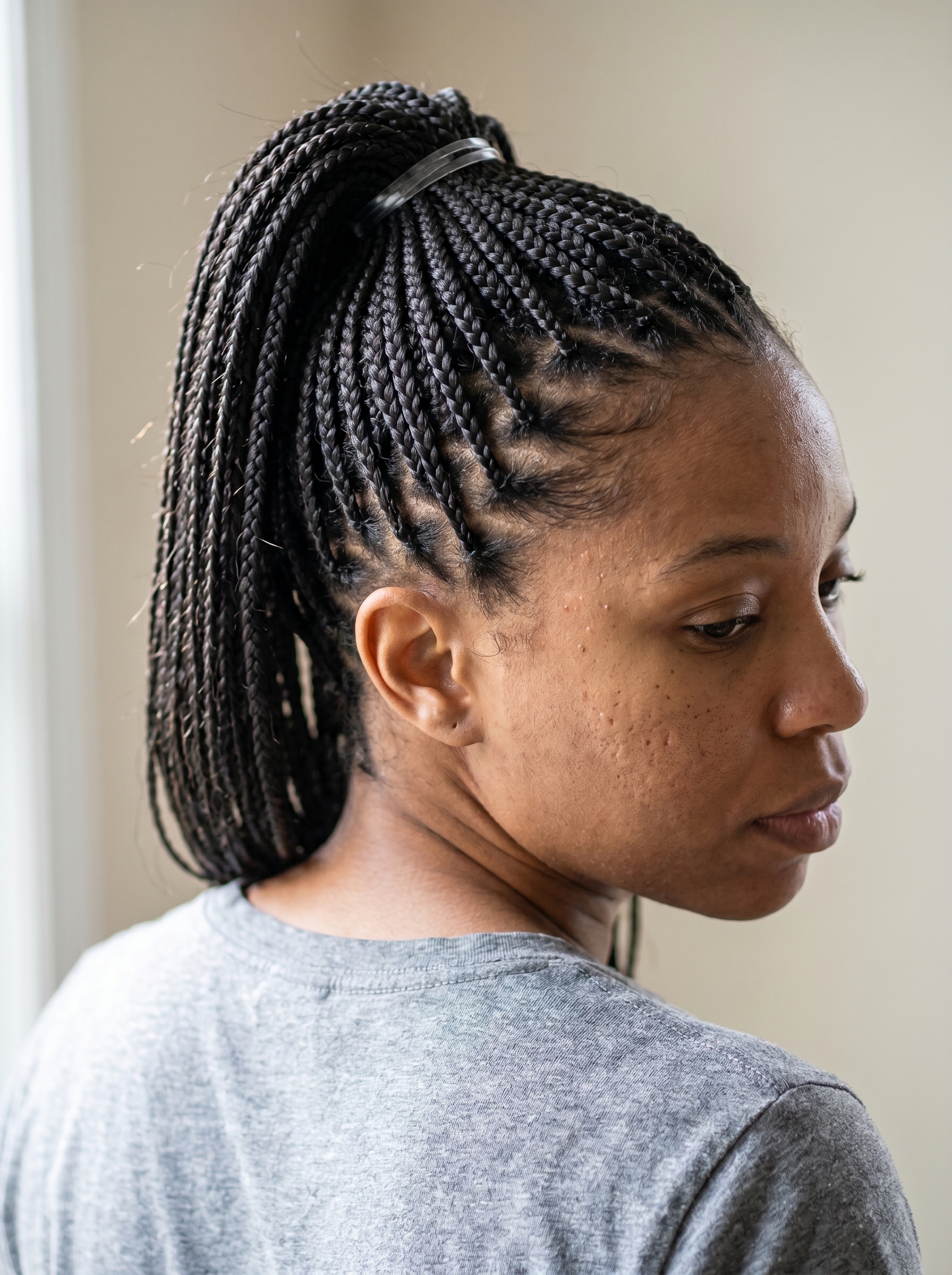 Sleek micro-braided ponytail, a perfect summer hairstyle for long hair 2026, styled with anti-frizz serum and edge control for a polished, functional athleisure look suitable for gym or work.