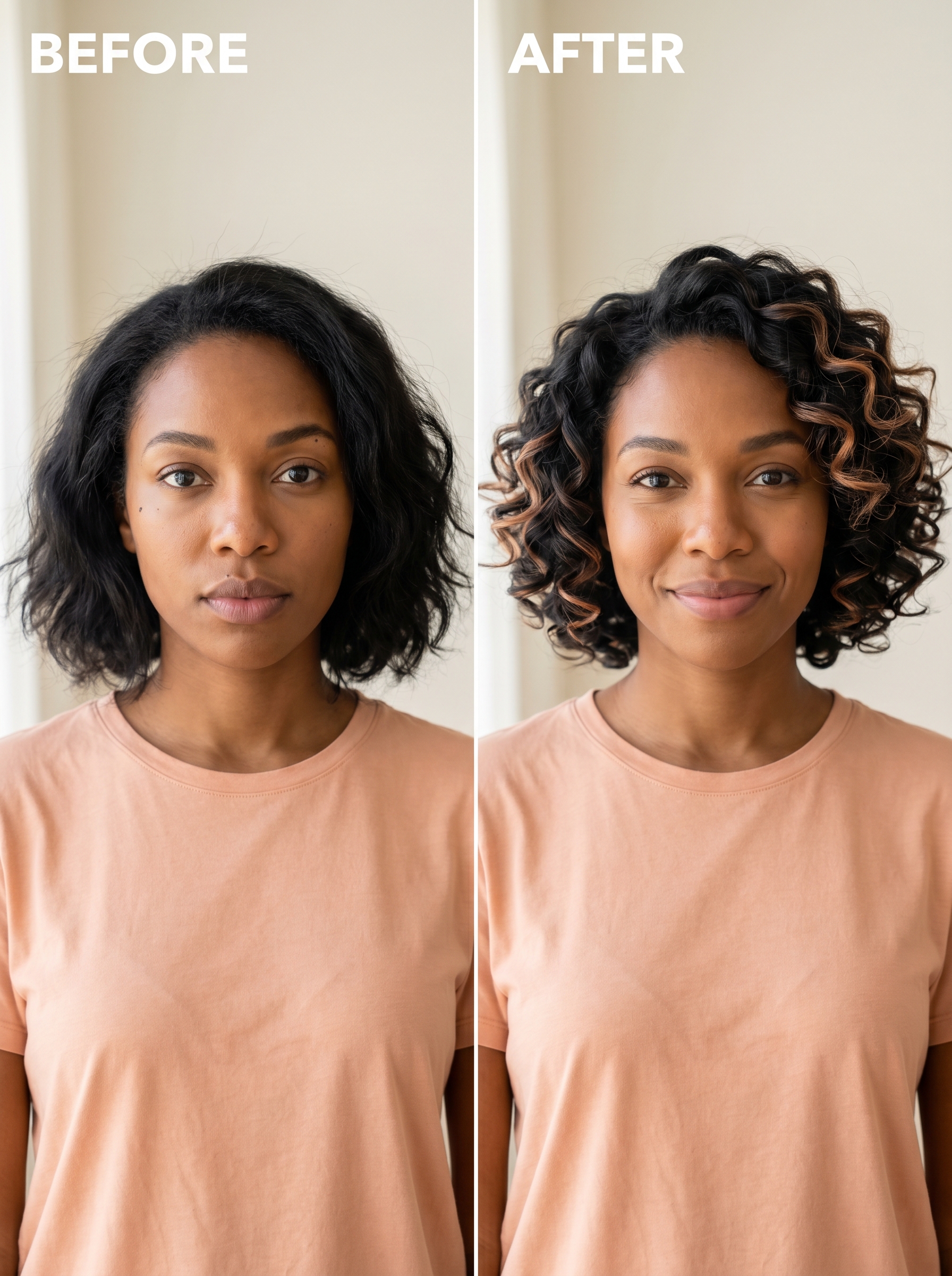 Playful Soft-Serve Curls with Peach Fuzz Balayage, a voluminous summer hairstyle for short hair 2026, perfect for a casual beach day.