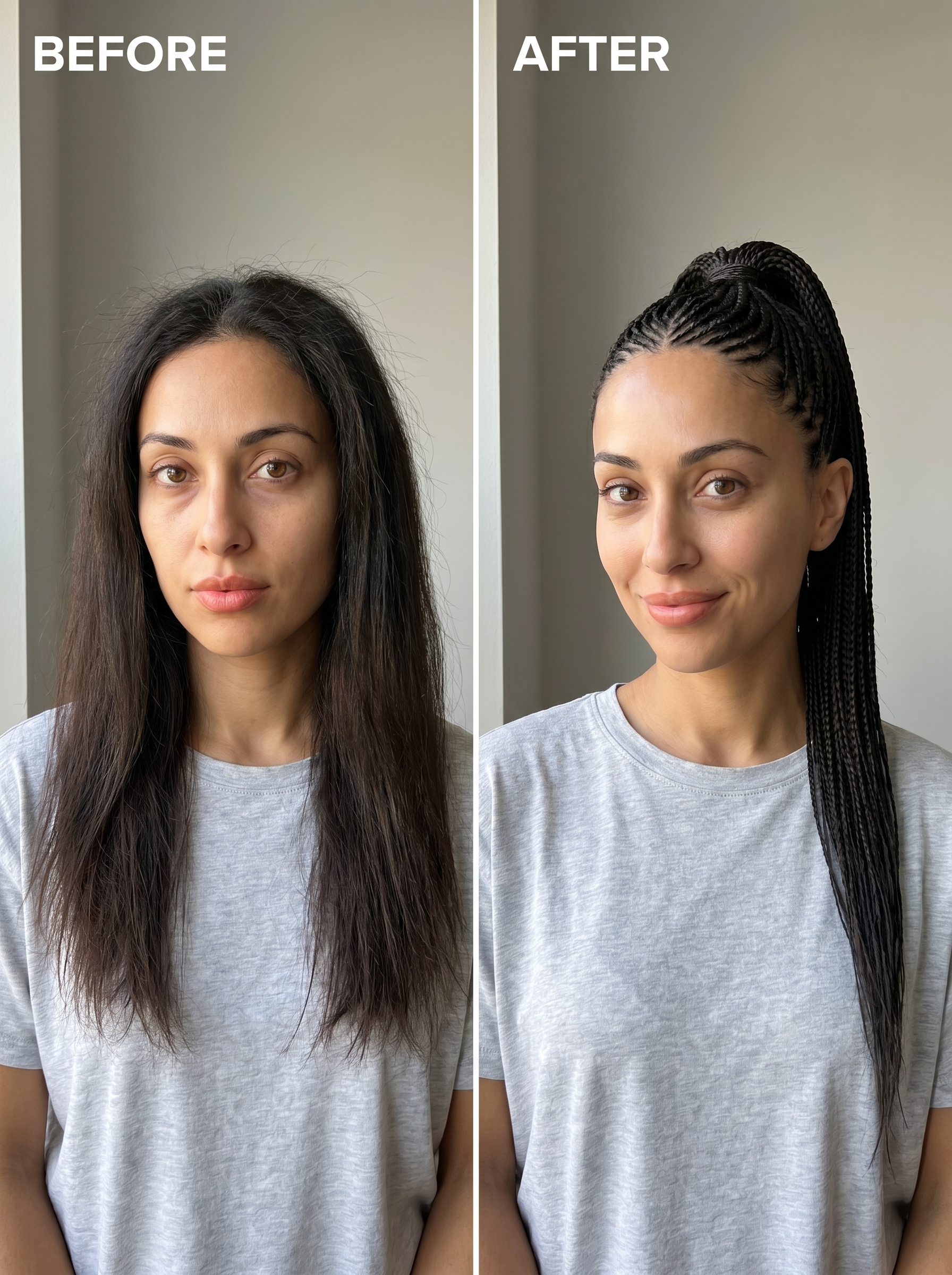 A sleek and sporty athleisure micro-braided pony, a modern choice for summer hairstyles for long hair 2026. This style features neat micro-braids secured with clear elastic ties, perfect for active wear or a streamlined everyday look.