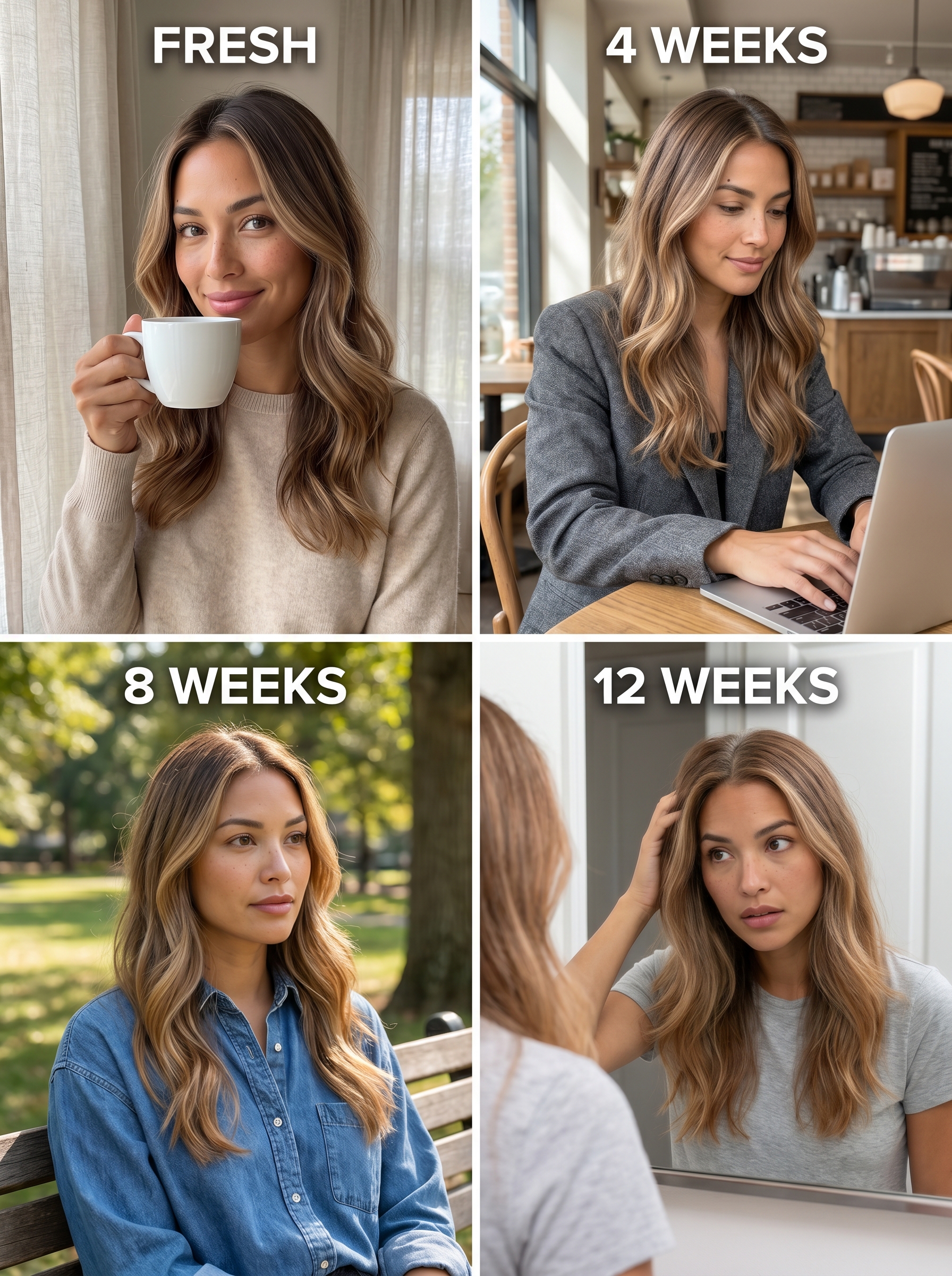 A sophisticated Cool Caramel Ribbon Balayage creates a natural summer hairstyle for medium hair 2026, with neutral brown and muted gold tones, perfect for everyday work, preserved with toning shampoo.