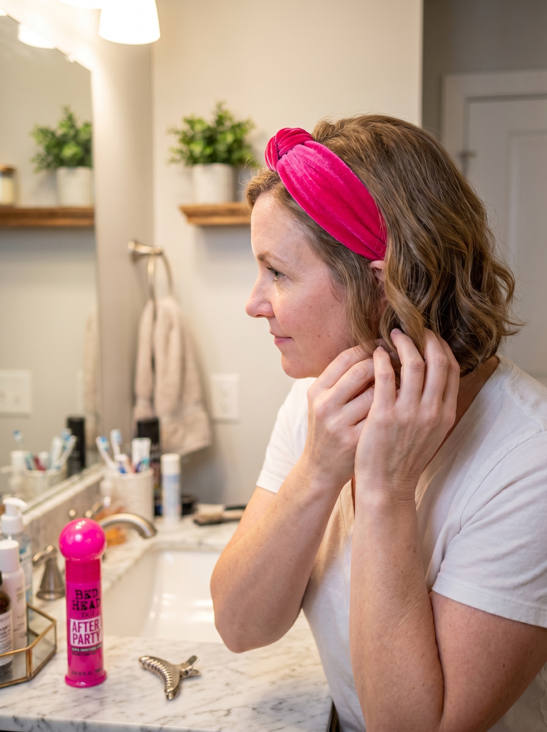 A preppy Barbie-Core Headband Tuck styling, featuring a vibrant pink fabric headband, showcasing a playful summer hairstyle for short hair 2026. This retro-inspired look, finished with smoothly prepped hair using a smoothing cream, is ideal for brunch or poolside fun.