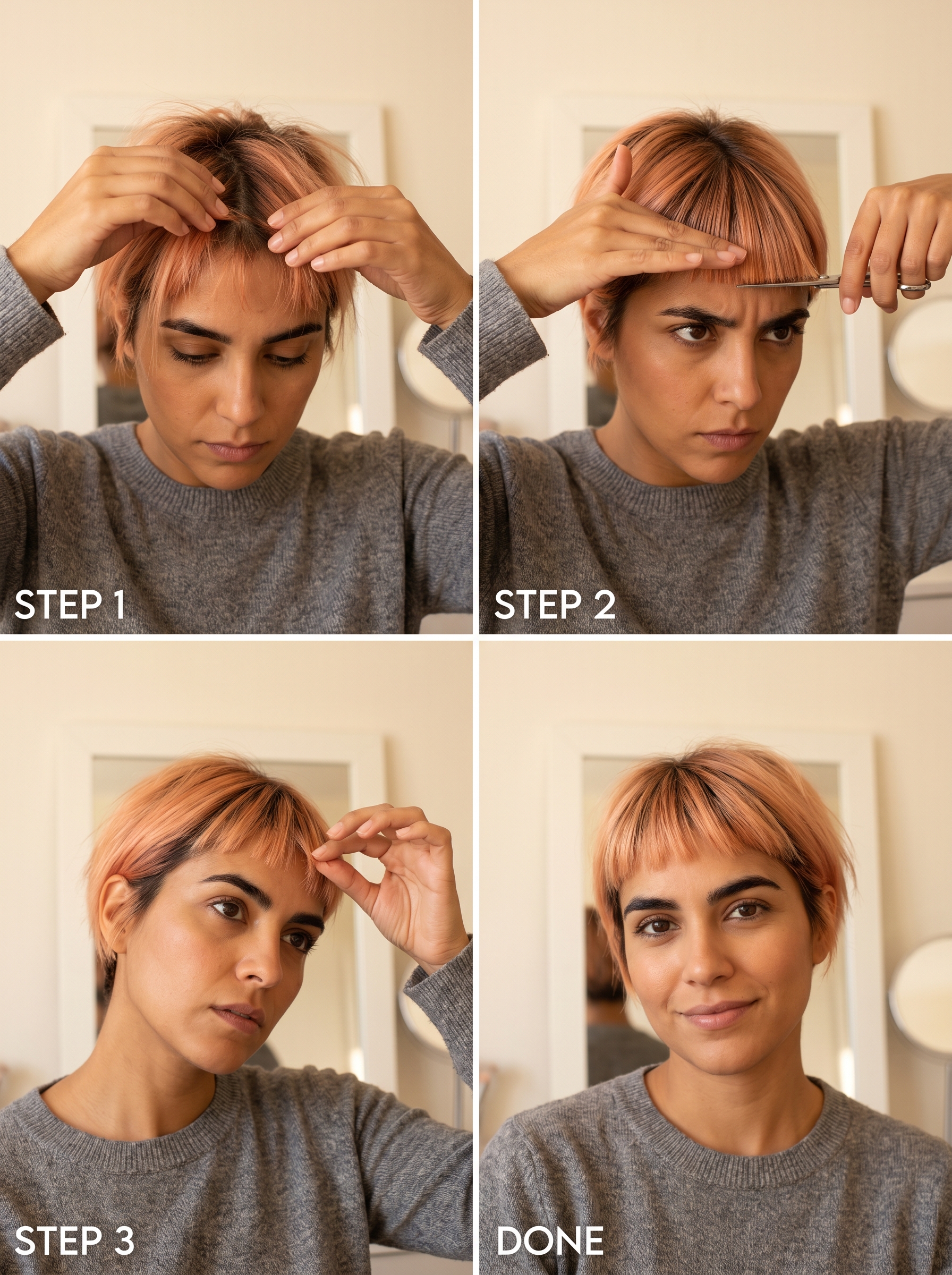 Close-up of a playful micro-fringe pixie haircut featuring peach fuzz balayage, a trending summer hairstyle for short hair 2026. This edgy look is styled with a lightweight texturizing paste, perfect for defining layers and fringe, while maintaining color with UV protection.