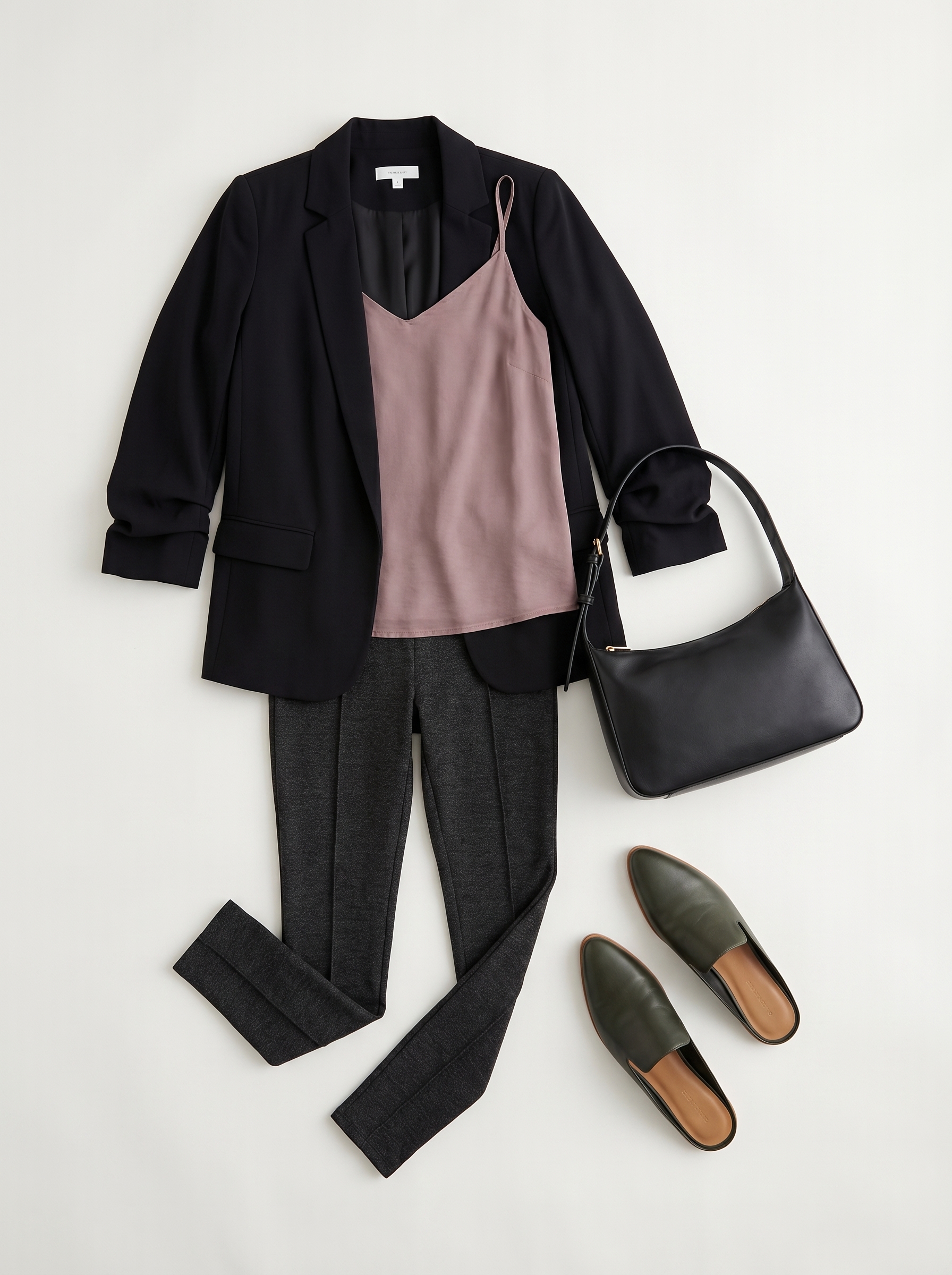 Sophisticated summer leggings outfits 2026 for an art gallery. Charcoal grey ponte leggings, blush camisole, black blazer, mules, mini bag.