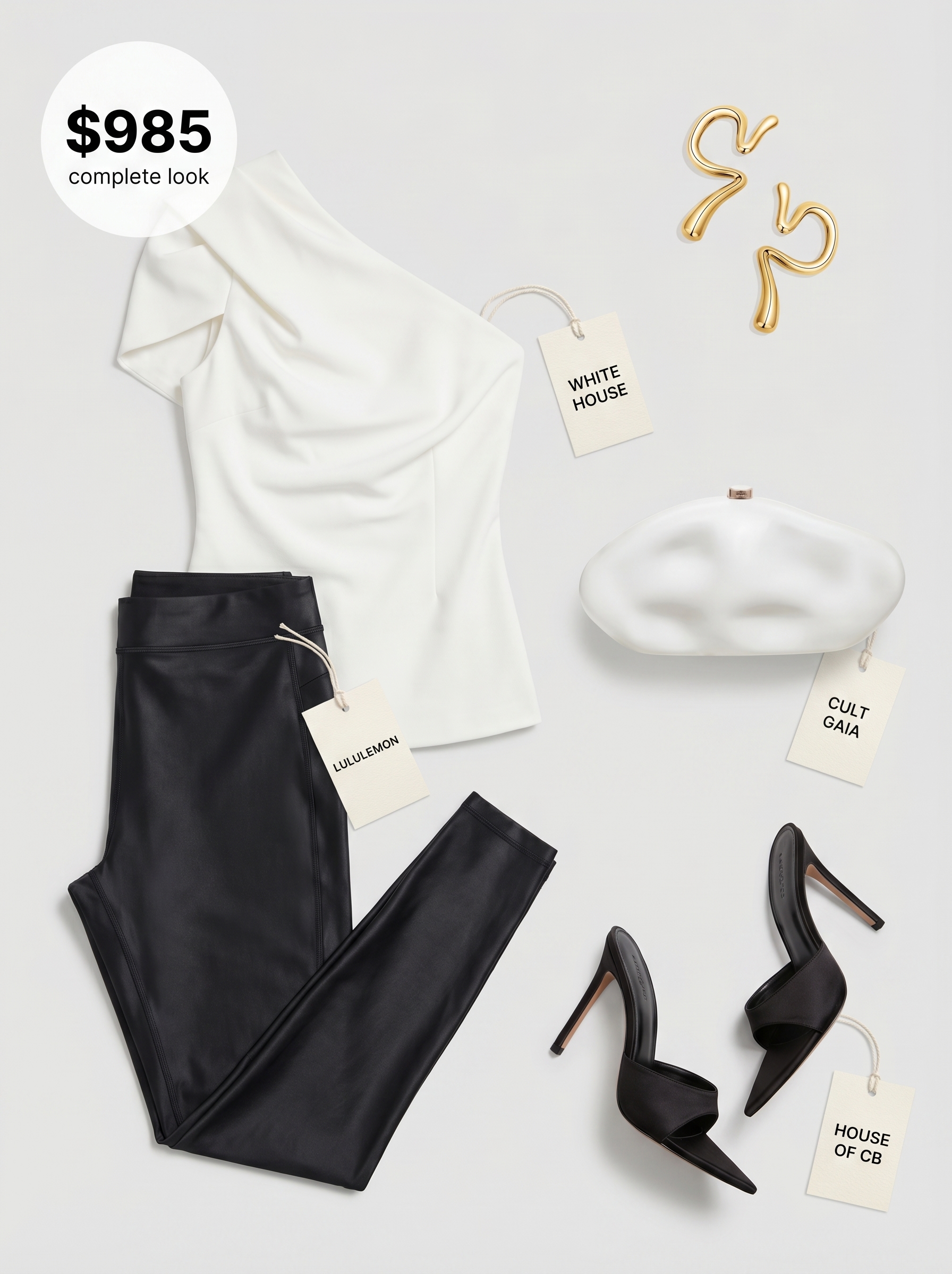 Modern and refined art gallery opening summer leggings outfit featuring high-shine liquid black leggings, a cream asymmetrical one-shoulder top, black pointed-toe mule heels, and an architectural mini clutch. Explore sophisticated summer leggings outfits 2026.