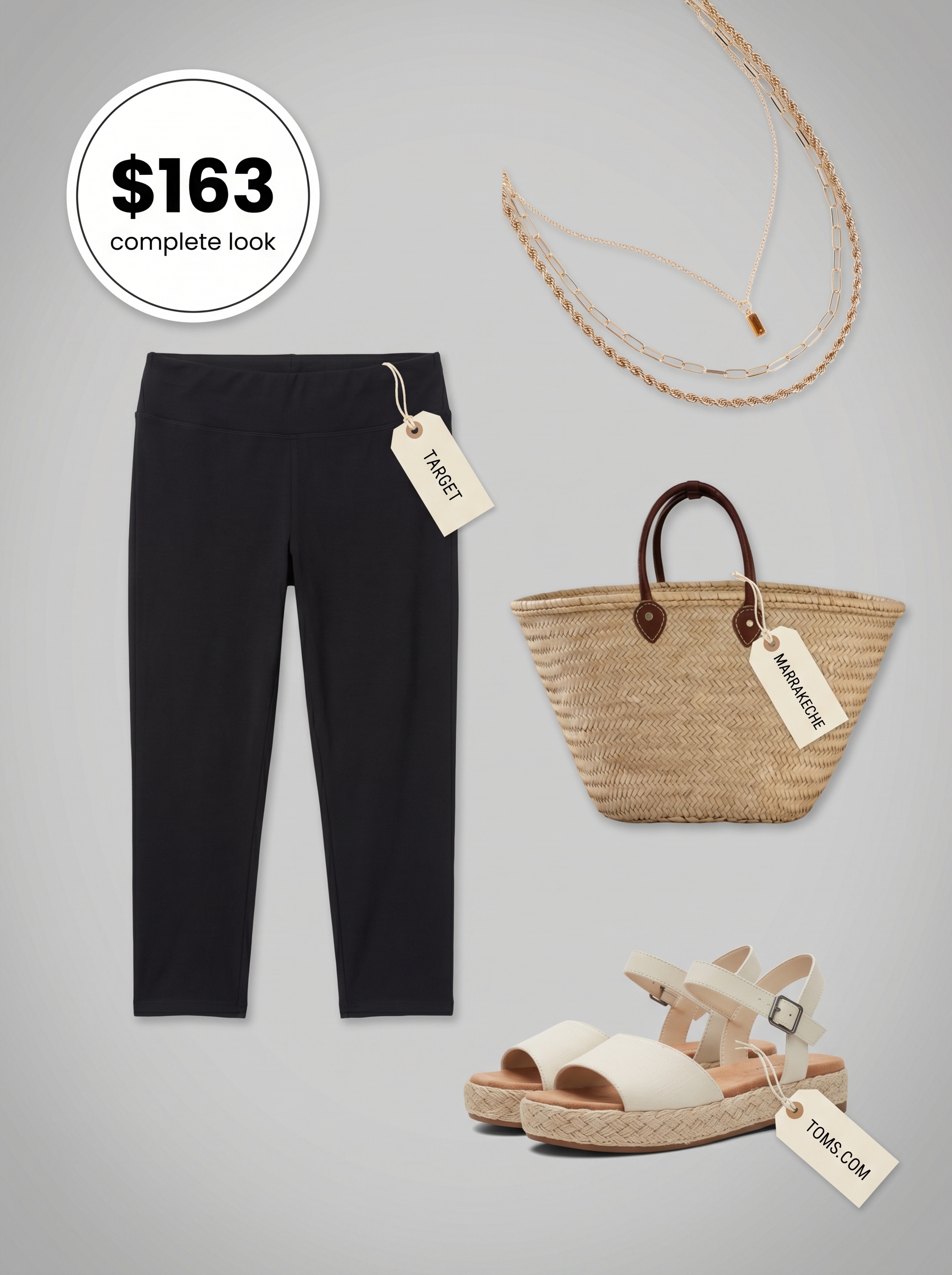 Relaxed bohemian beach day summer leggings outfit featuring black lightweight capri leggings, a cream embroidered tunic, espadrille sandals, and a woven straw tote. Ideal for casual summer outings or vacations. Discover relaxed summer leggings outfits 2026.