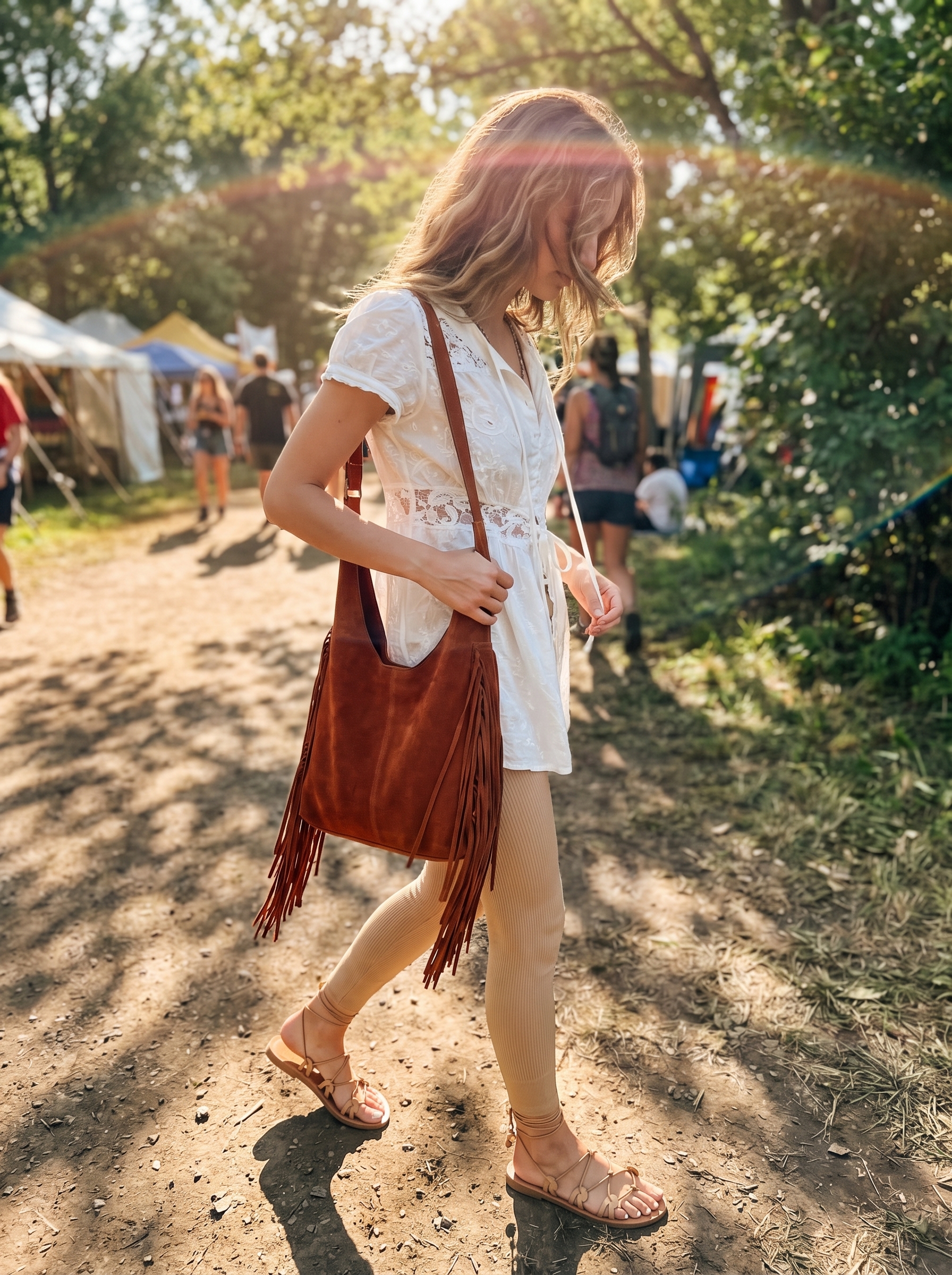 Boho summer leggings outfits 2026 for a festival. Cream embroidered tunic, warm brown ribbed leggings, tan leather sandals, fringed cross-body bag.